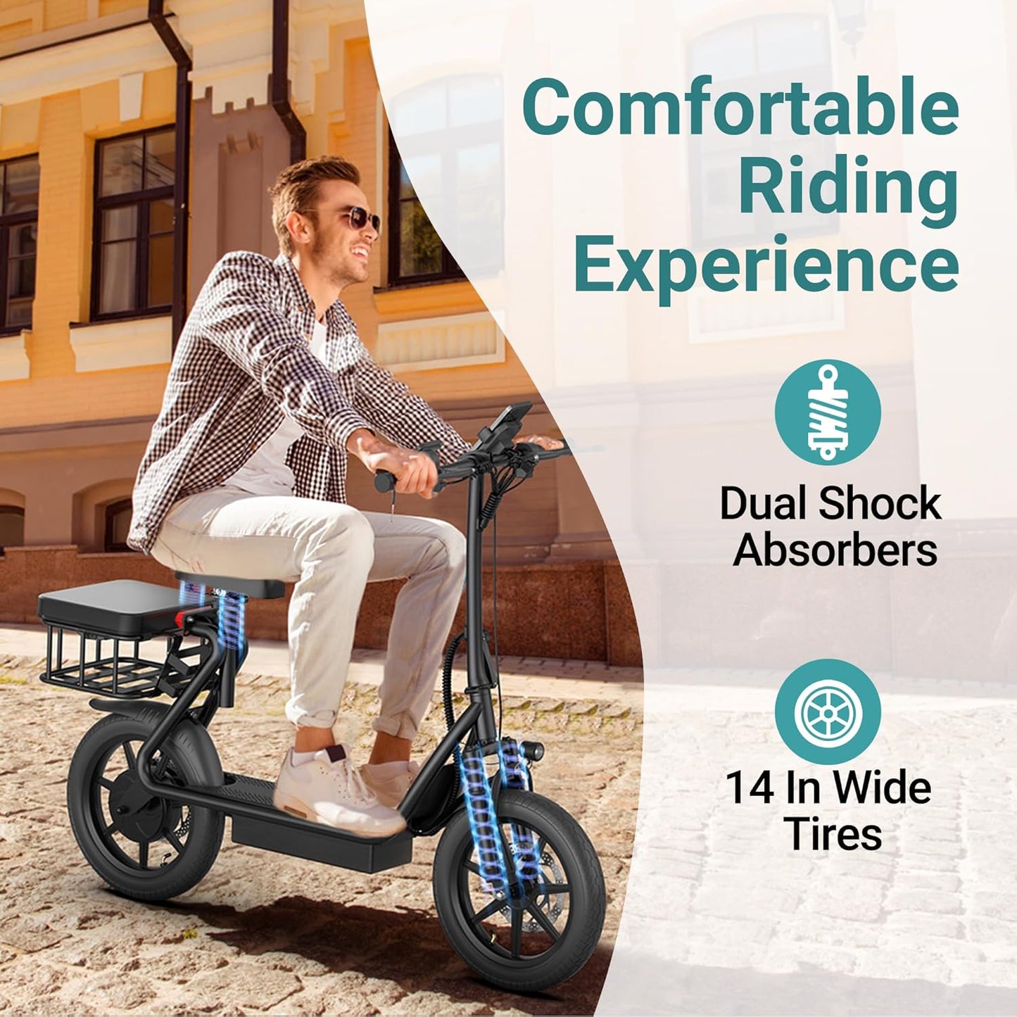 NAVIC Electric Scooter Adults,Electric Scooter with Seat,Max 27/49 Miles Ranges,Top Speed 22 mph,750W Peak Motor,Adult Electric Scooter for Pets,Cargo with Back Basket,Scooter Lock