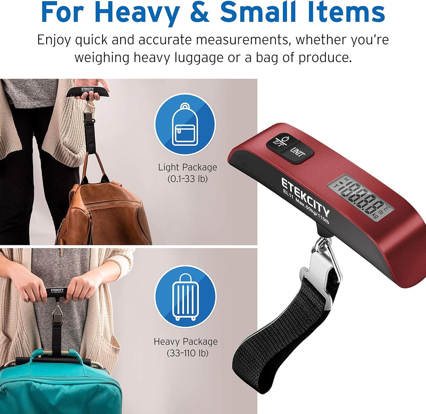 Etekcity Luggage Scale for Travel Essentials, Digital Suitcase Weight Scale with Hook, Portable Hanging Baggage Scale for Travel Accessories, 110 Pounds, Battery Included