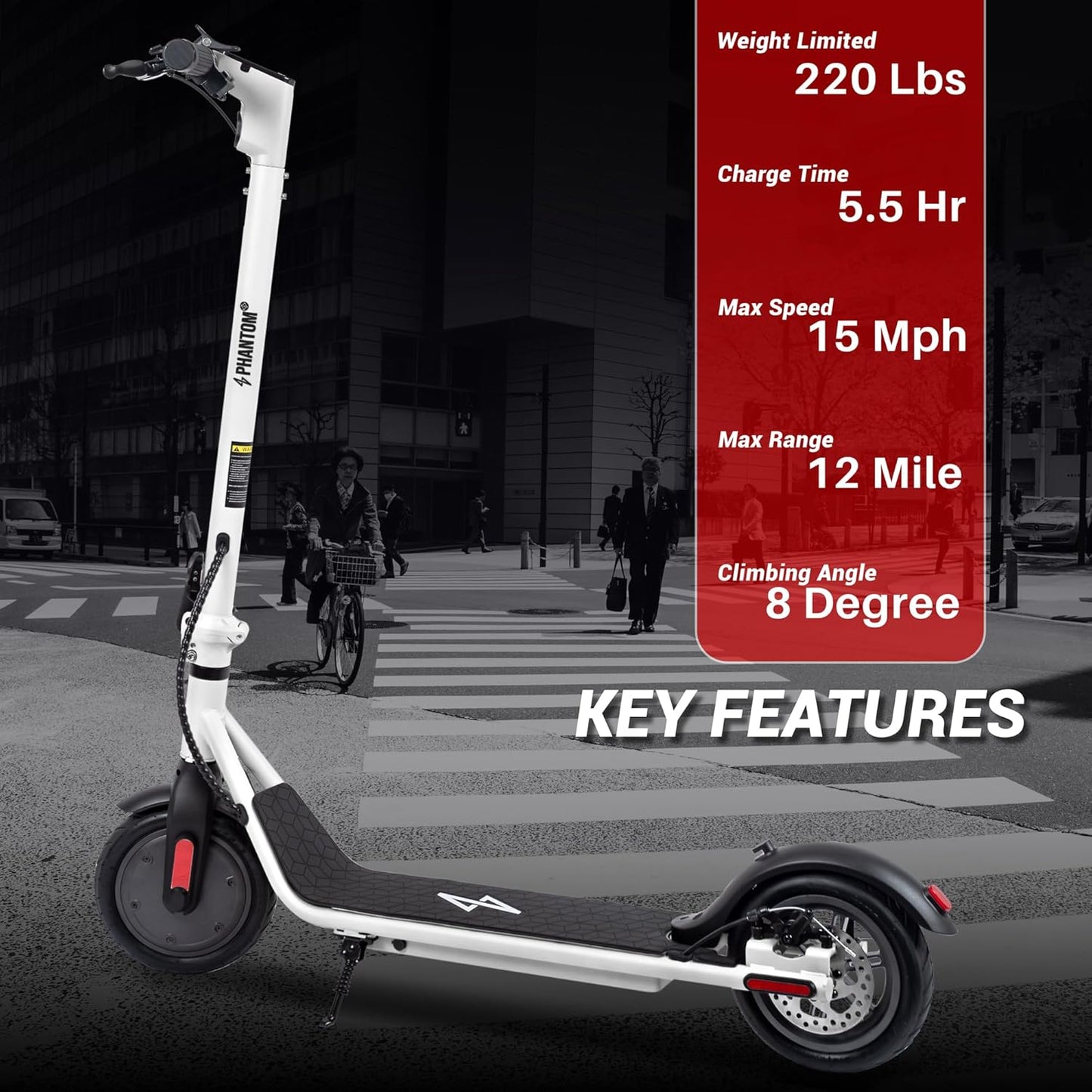 Phantomgogo Electric Scooter for Adults Scooter Foldable E-Scooter with Powerful Motor 15.5 Mph, Intelligent Light, Eco-Friendly, Perfect for Adult Commuters