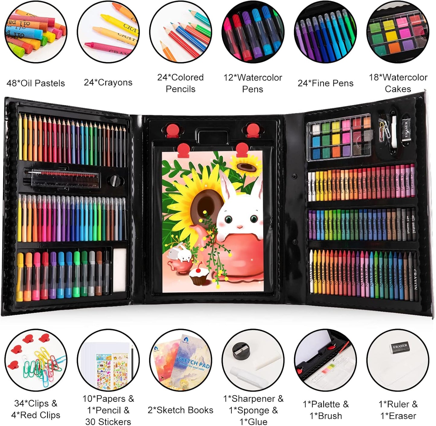 Art Supplies, 240-Piece Art Set Crafts Drawing Kits with Double Sided Trifold Easel, Includes Sketch Pads, Oil Pastels, Crayons, Colored Pencils, Gifts for Girls Boys Teen Ages 4-6-8-9-12 (Black)