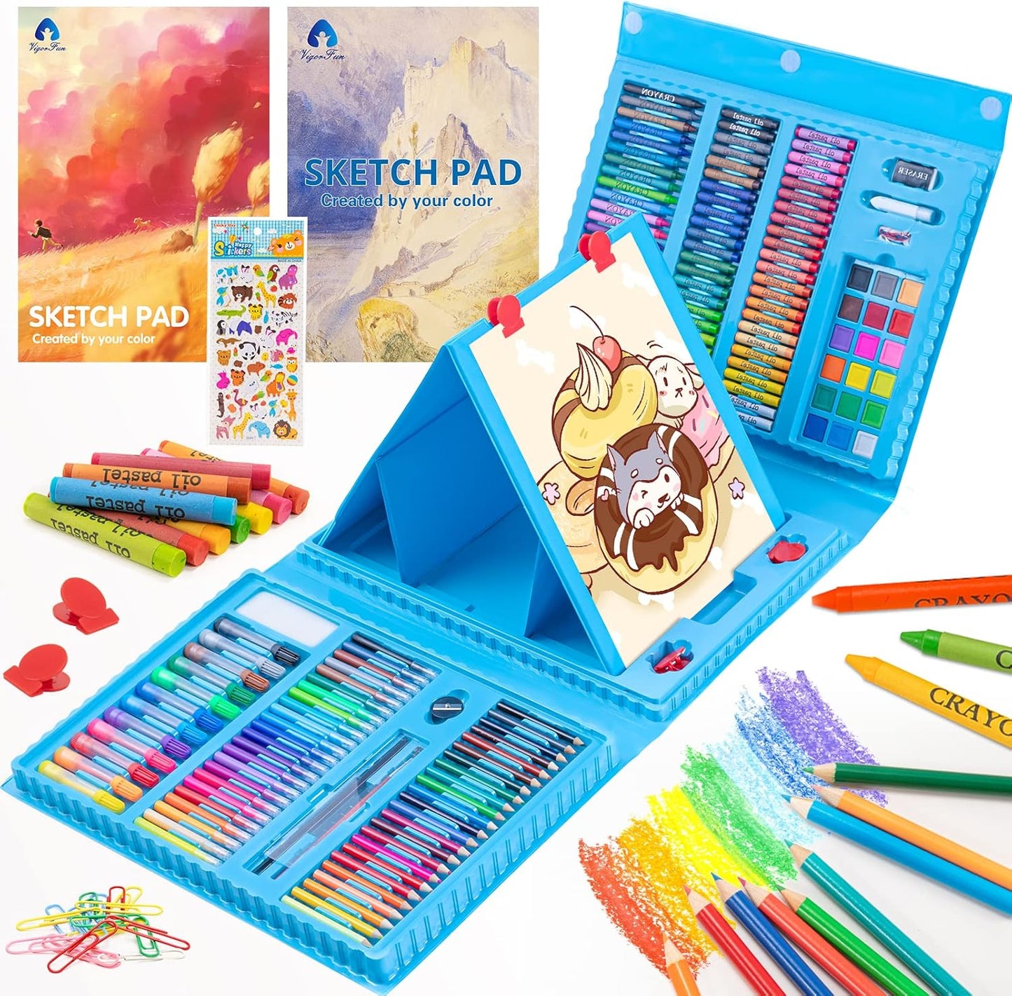 Art Supplies, 240-Piece Art Set Crafts Drawing Kits with Double Sided Trifold Easel, Includes Sketch Pads, Oil Pastels, Crayons, Colored Pencils, Gifts for Girls Boys Teen Ages 4-6-8-9-12 (Black)