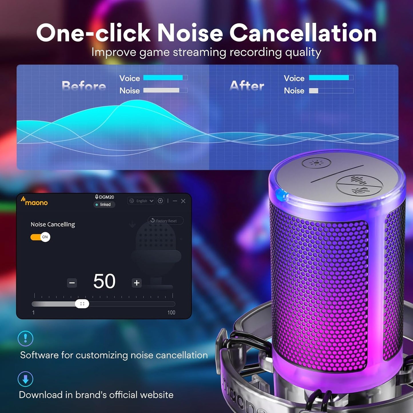 MAONO USB Gaming Microphone for PC, Noise Cancellation Condenser Mic with RGB Lights, Mute, Gain for Streaming, Recording, Podcast, Chat, Twitch, YouTube, Discord, Computer, PS5, PS4, GamerWave