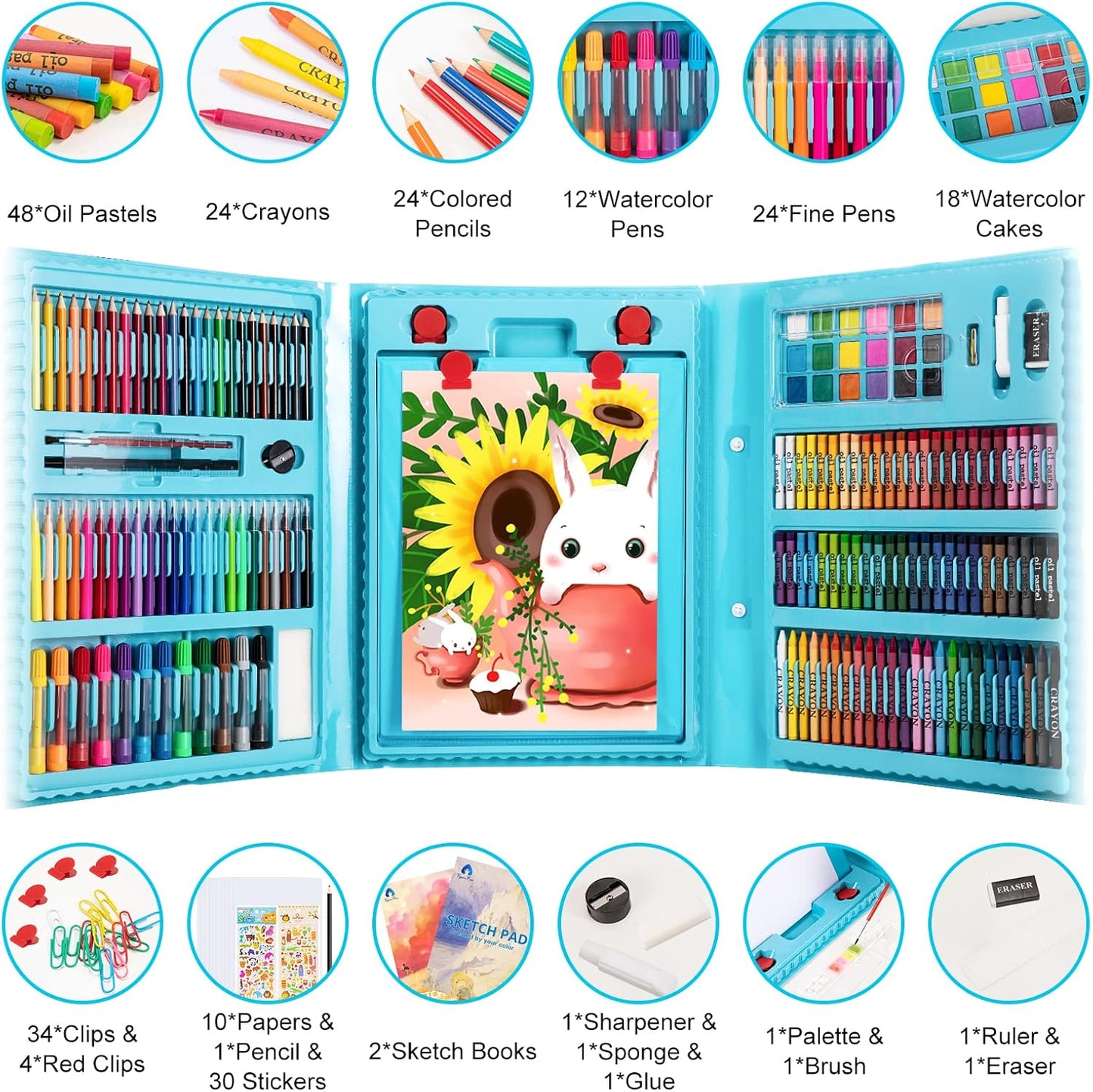Art Supplies, 240-Piece Art Set Crafts Drawing Kits with Double Sided Trifold Easel, Includes Sketch Pads, Oil Pastels, Crayons, Colored Pencils, Gifts for Girls Boys Teen Ages 4-6-8-9-12 (Black)