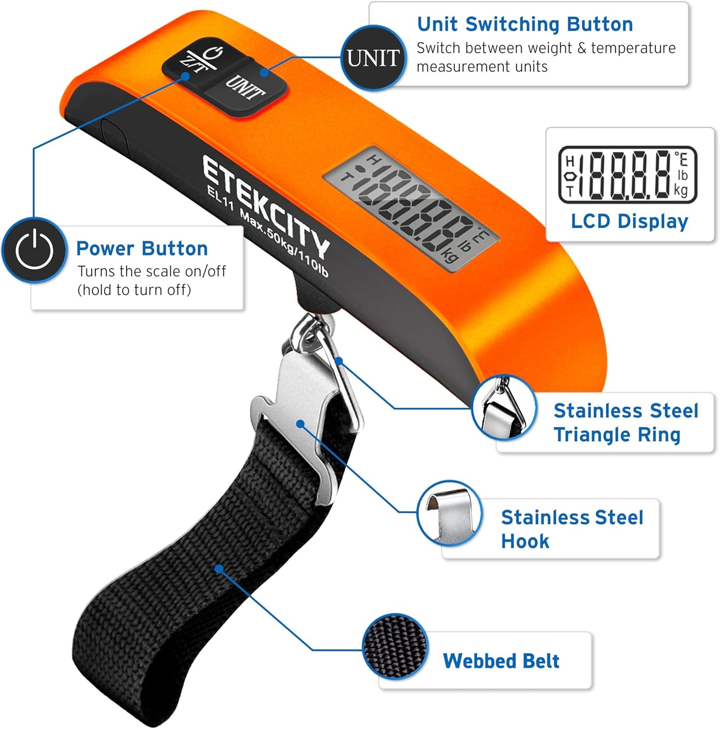 Etekcity Luggage Scale for Travel Essentials, Digital Suitcase Weight Scale with Hook, Portable Hanging Baggage Scale for Travel Accessories, 110 Pounds, Battery Included