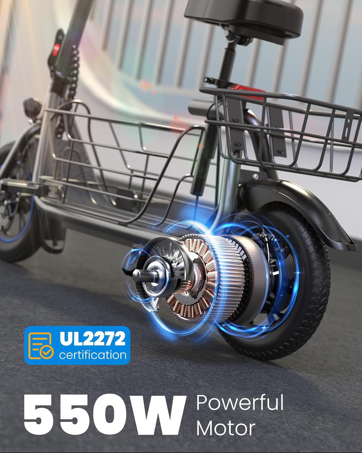 Gyroor Adults Electric Scooter with Large Middle Basket, 550W Motor 18.6 MPH 20 Mile Distance, Foldable E-Scooter with seat for Pets &amp; Cargo
