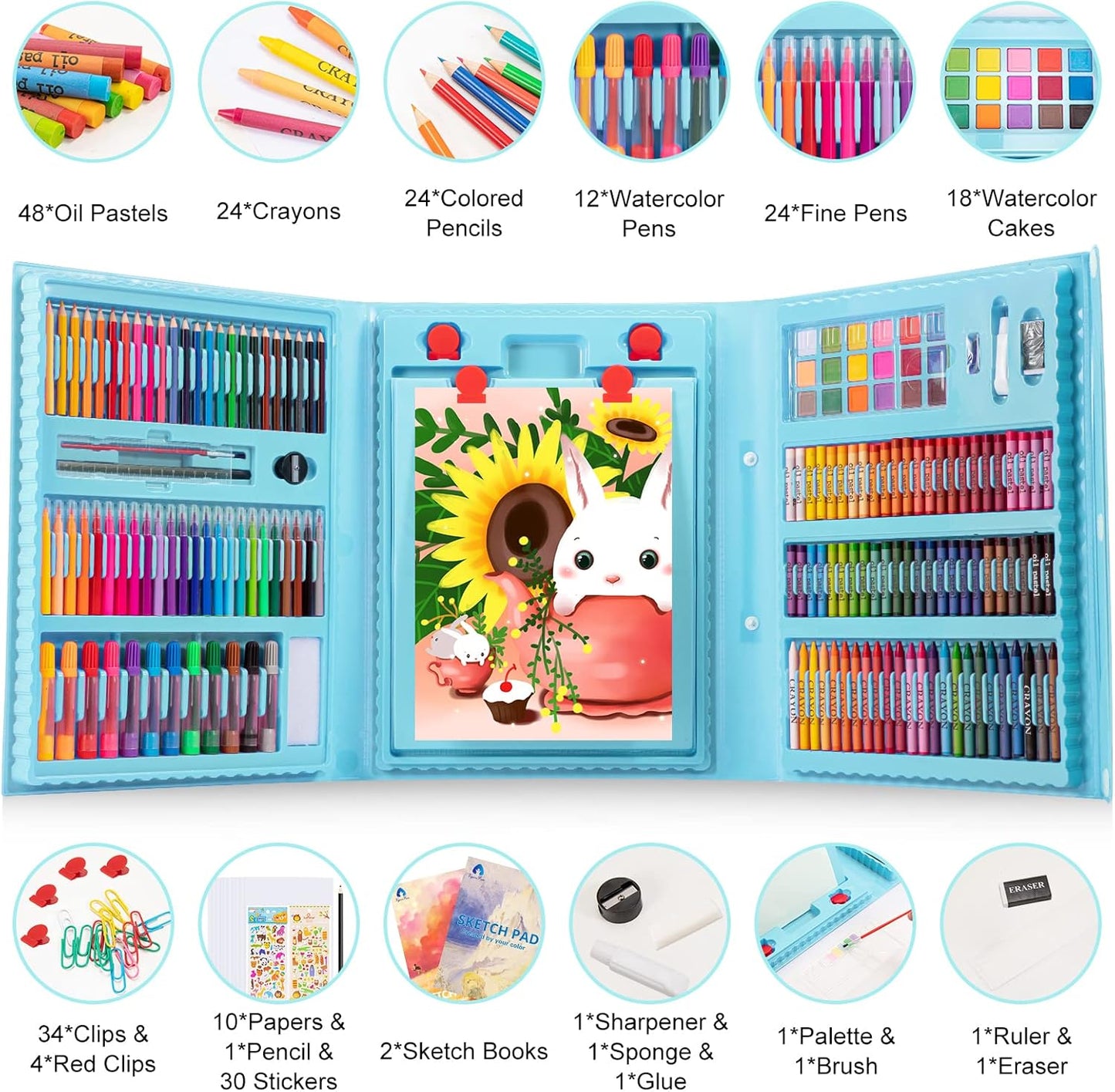 Art Supplies, 240-Piece Art Set Crafts Drawing Kits with Double Sided Trifold Easel, Includes Sketch Pads, Oil Pastels, Crayons, Colored Pencils, Gifts for Girls Boys Teen Ages 4-6-8-9-12 (Black)