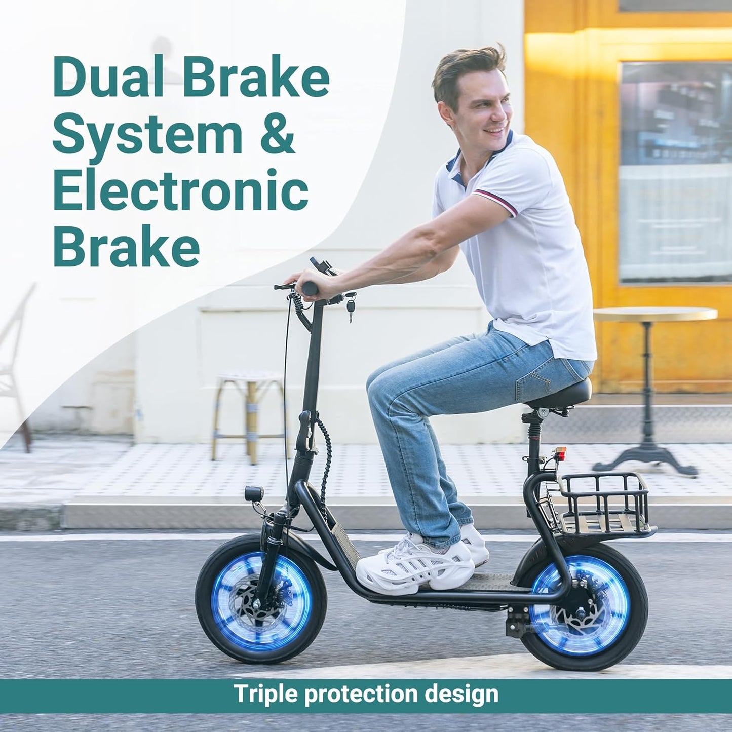 NAVIC Electric Scooter Adults,Electric Scooter with Seat,Max 27/49 Miles Ranges,Top Speed 22 mph,750W Peak Motor,Adult Electric Scooter for Pets,Cargo with Back Basket,Scooter Lock