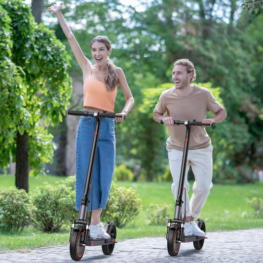 10&#39;&#39; Electric Scooter Adult with Dual Suspension, Powerful 350W/500W Motor, Max Range 22-28 Miles, Max 19/21 MPH, Dual Braking System, Portable Folding Commuting