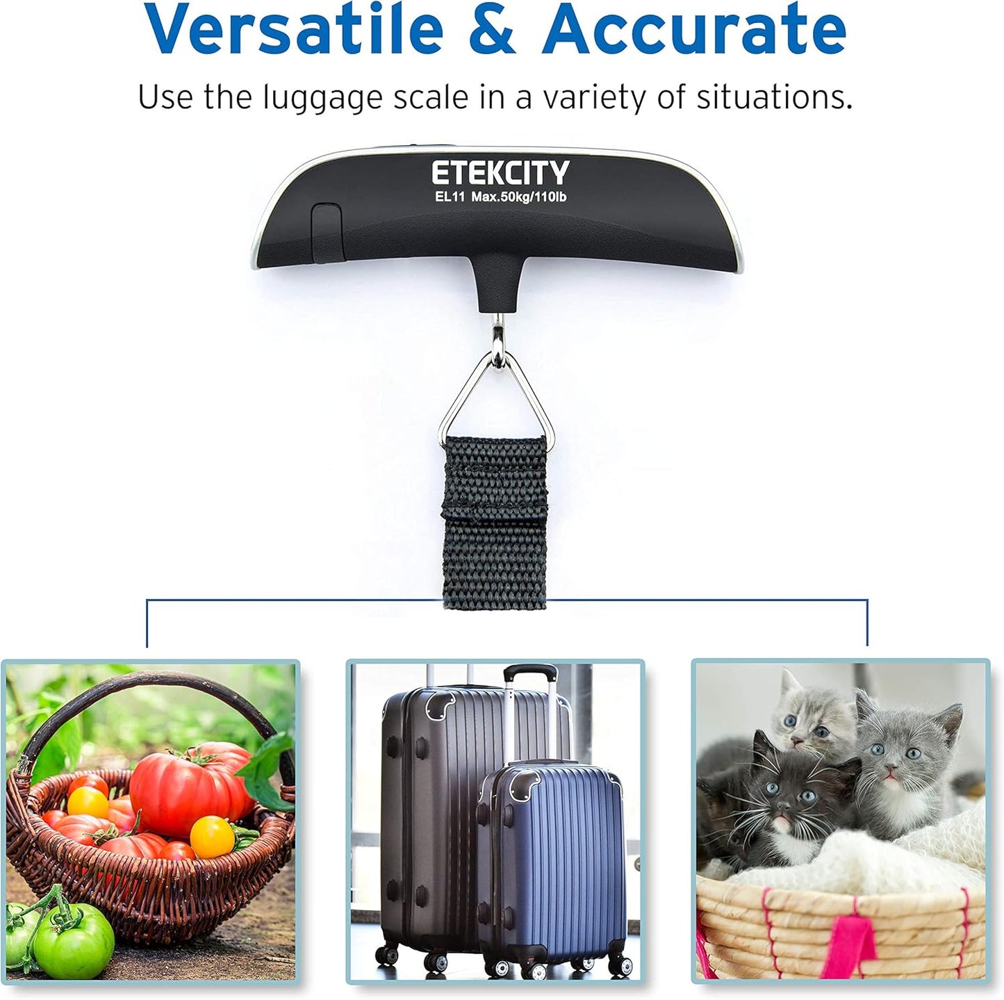 Etekcity Luggage Scale for Travel Essentials, Digital Suitcase Weight Scale with Hook, Portable Hanging Baggage Scale for Travel Accessories, 110 Pounds, Battery Included