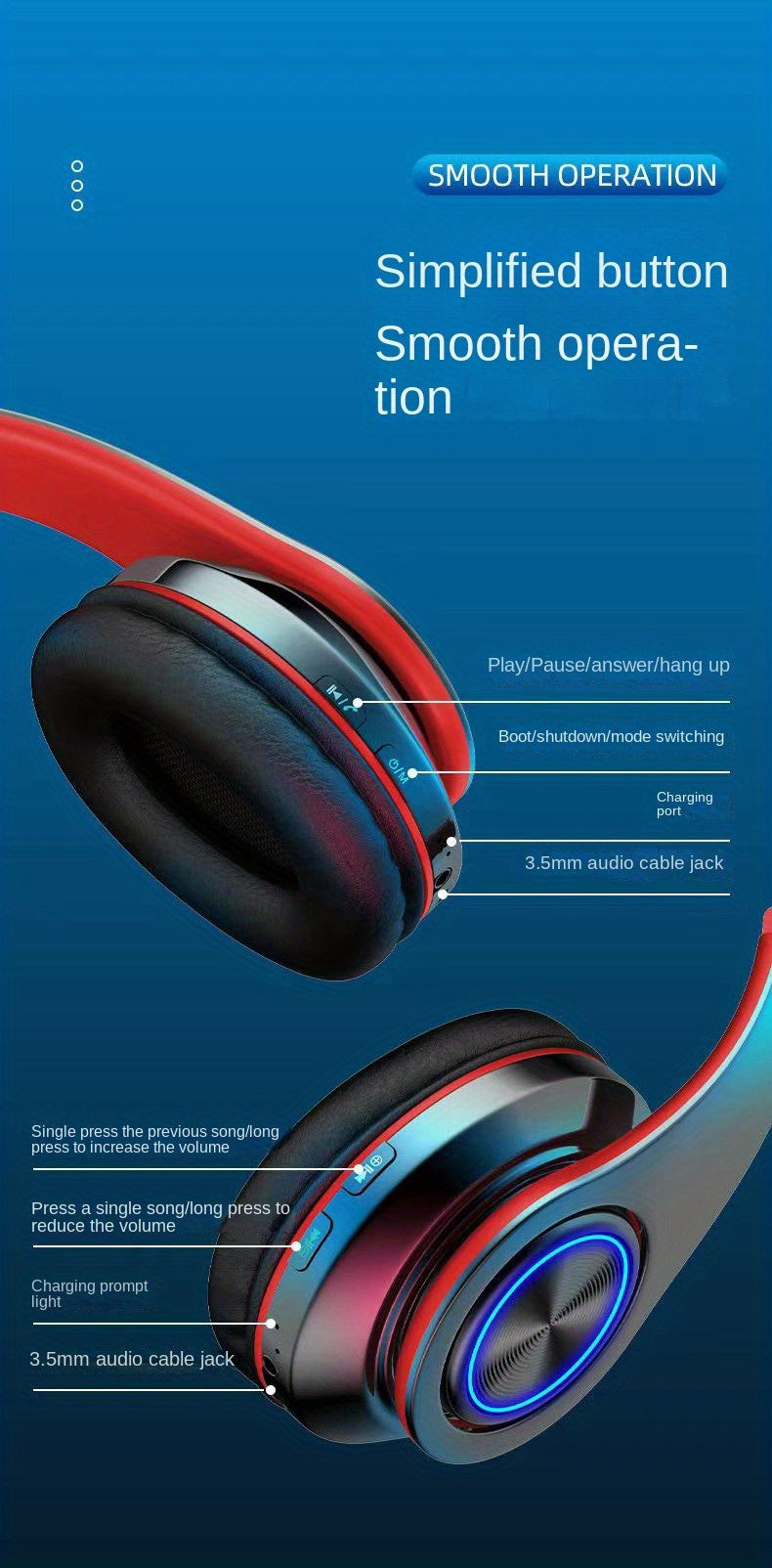 B39 Light Emitting Wireless Headphones - Colorful LED Lights, Comfort Over Ear, Foldable, Built-in Microphone, FM, SD Card Slot - Wired - For School, Tablet, PC, TV, Cellphones - Perfect Gift for Birthday, Easter, Boy/Girlfriends