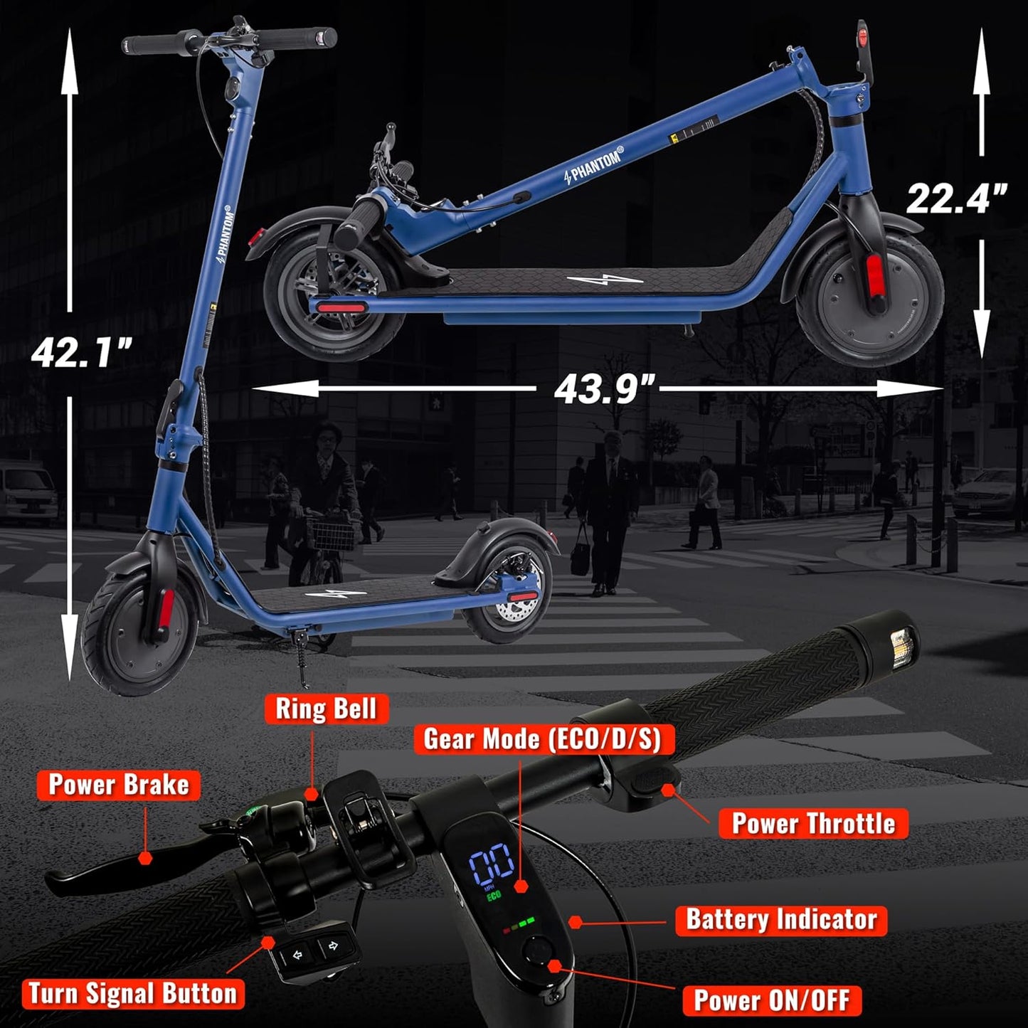 Phantomgogo Electric Scooter for Adults Scooter Foldable E-Scooter with Powerful Motor 15.5 Mph, Intelligent Light, Eco-Friendly, Perfect for Adult Commuters