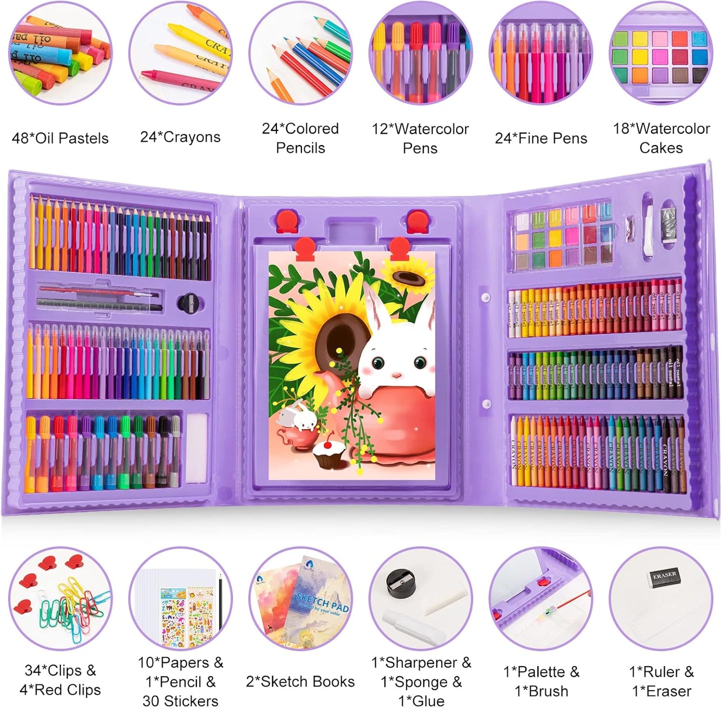Art Supplies, 240-Piece Art Set Crafts Drawing Kits with Double Sided Trifold Easel, Includes Sketch Pads, Oil Pastels, Crayons, Colored Pencils, Gifts for Girls Boys Teen Ages 4-6-8-9-12 (Black)
