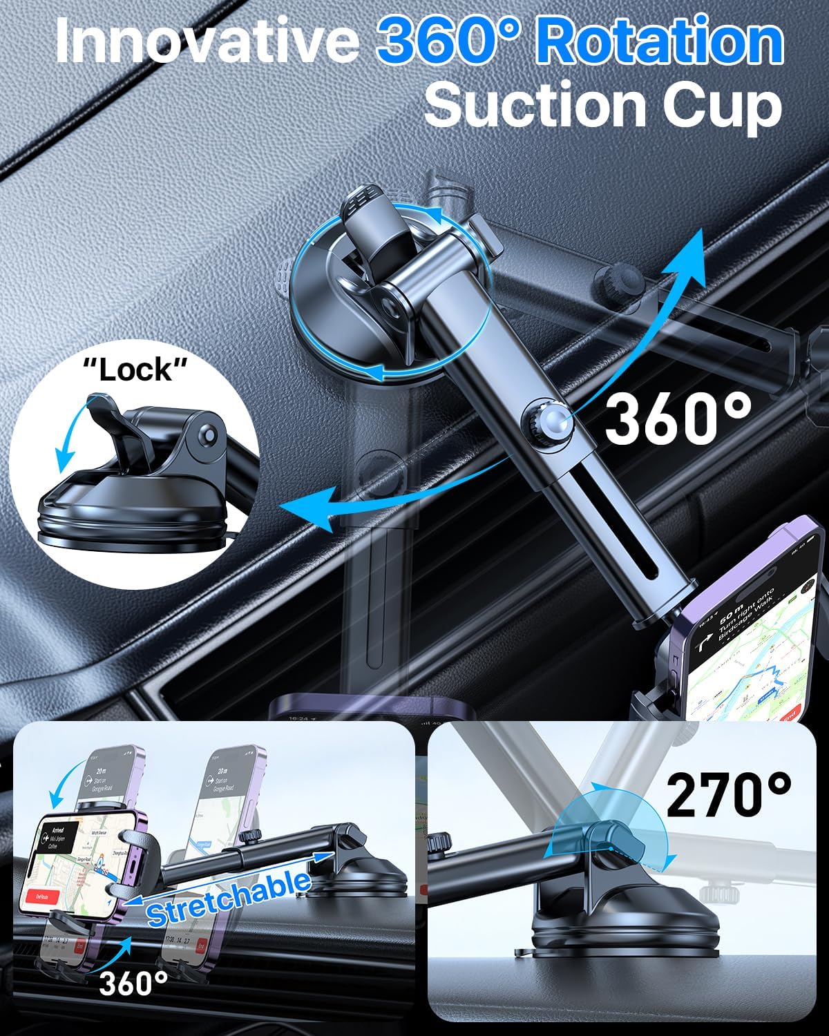 [2024 Upgrade 80LBS Strong Suction]YRU Car Phone Holder Mount,[Bumpy Road Stable]Dashboard Cell Phone Holder for Car Air Vent Windshield Phone Stand for iPhone 15 14 13 12 Pro Max Samsung Truck, Black