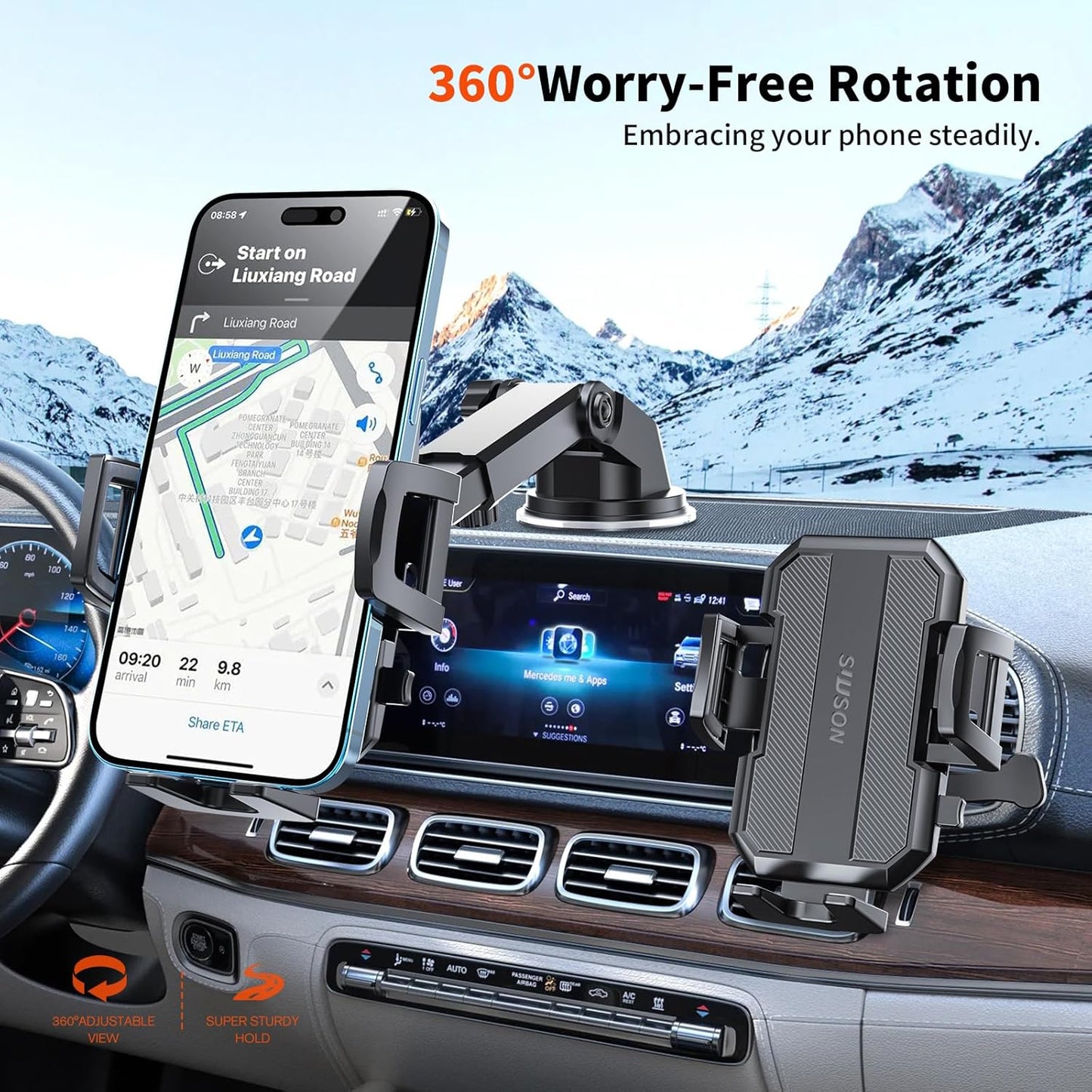 SUUSON Upgraded 3-in-1 Car Phone Holder Mount [Powerful Suction] Phone Mount for Car Dashboard Air Vent Windshield,for All iPhone Android Phone (Black)