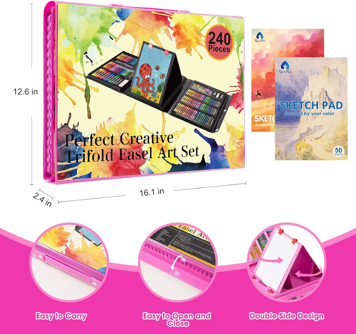 Art Supplies, 240-Piece Art Set Crafts Drawing Kits with Double Sided Trifold Easel, Includes Sketch Pads, Oil Pastels, Crayons, Colored Pencils, Gifts for Girls Boys Teen Ages 4-6-8-9-12 (Black)