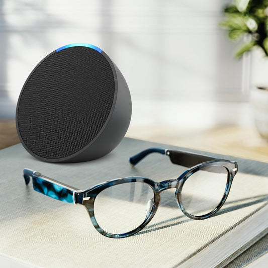 Amazon Echo Frames (3rd Gen)   Echo Pop | Smart glasses with Alexa | Round frames in Blue Tortoise with prescription ready lenses