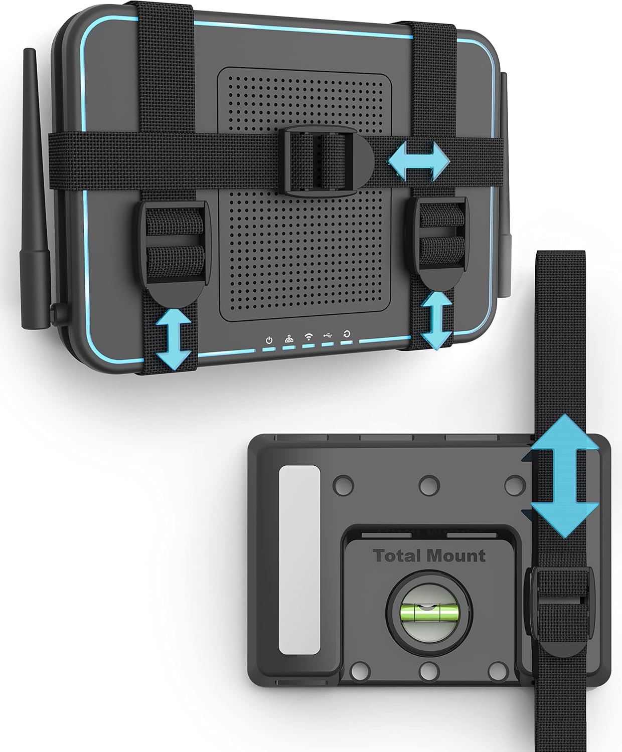 TotalMount Universal Mount for Electronics – Adjustable Strap Wall Mount for Your Router, Wireless System, Cable Modem, DVR, Xbox, PlayStation, and More (Black, Professional Shelf)