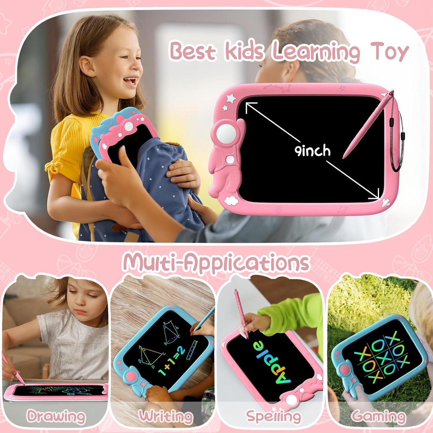 PYTTUR LCD Writing Tablet for Kids 10 Inch Colorful Toddler Drawing Tablet Reusable Doodle Board Electronic Drawing Pads Educational and Learning Kids Toys for Girls(Pink)