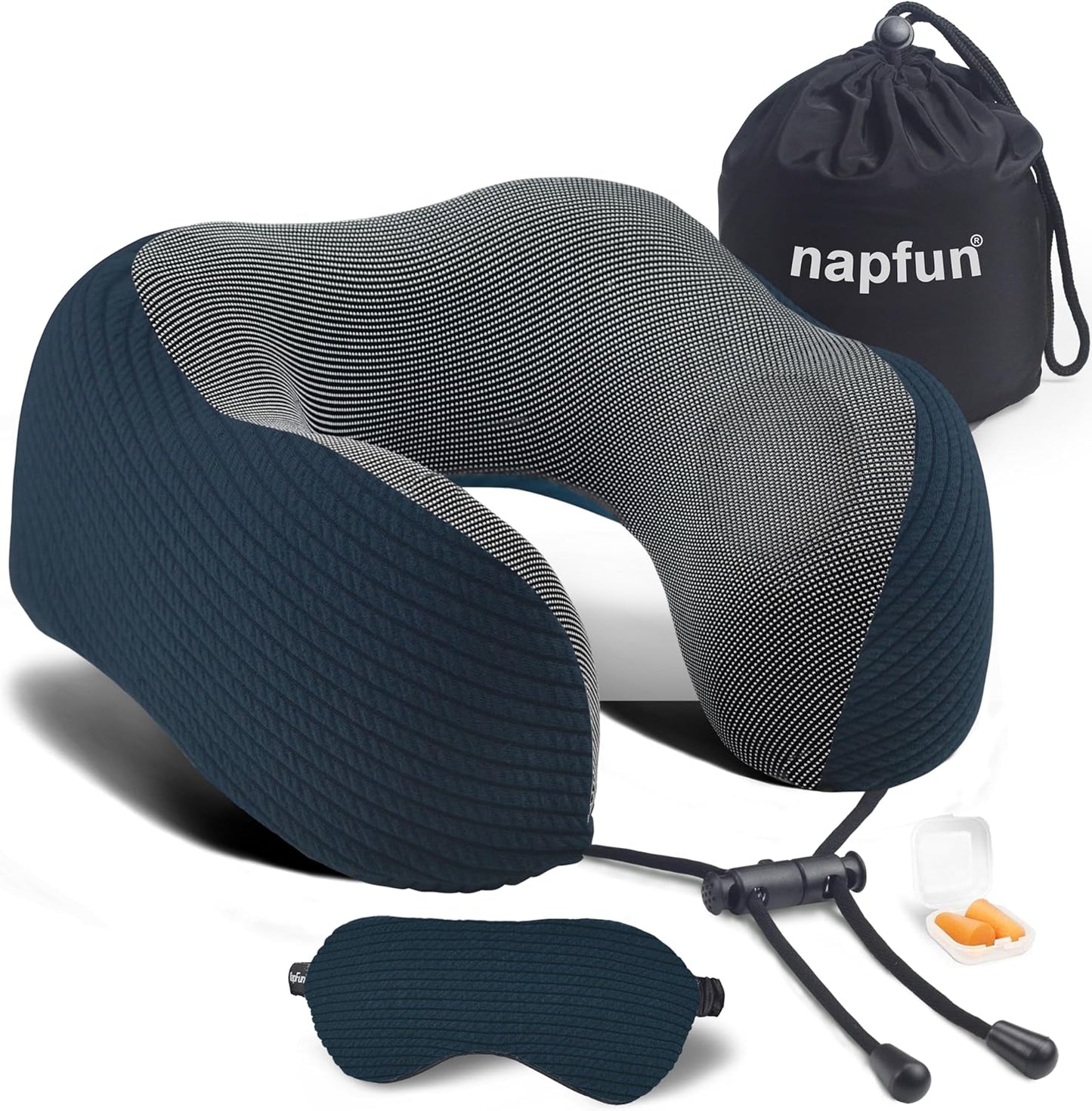 napfun Neck Pillow for Traveling, Upgraded Travel Neck Pillow for Airplane 100% Pure Memory Foam Travel Pillow for Flight Headrest Sleep, Portable Plane Accessories, Striped Black