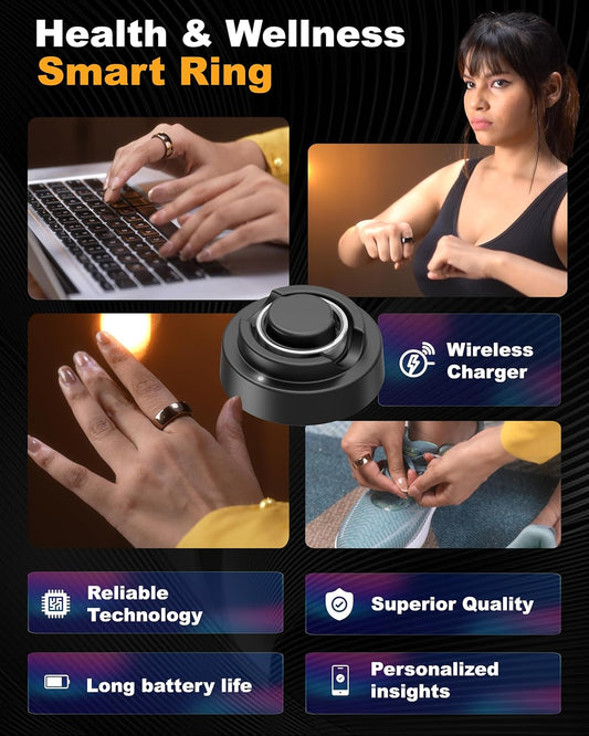 Aabo AI Smart Ring for Men &amp; Women | Fitness Tracking - 32 Modes | Sleep &amp; Stress Monitoring | Titanium Ring | No App Subscription | IP68 Water Resistant | Upto 7-Day Battery Life |Black, Size 11