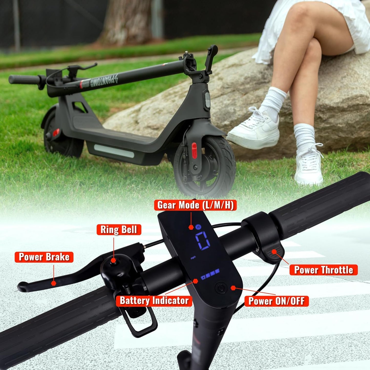 Phantomgogo Electric Scooter for Adults Scooter Foldable E-Scooter with Powerful Motor 15.5 Mph, Intelligent Light, Eco-Friendly, Perfect for Adult Commuters