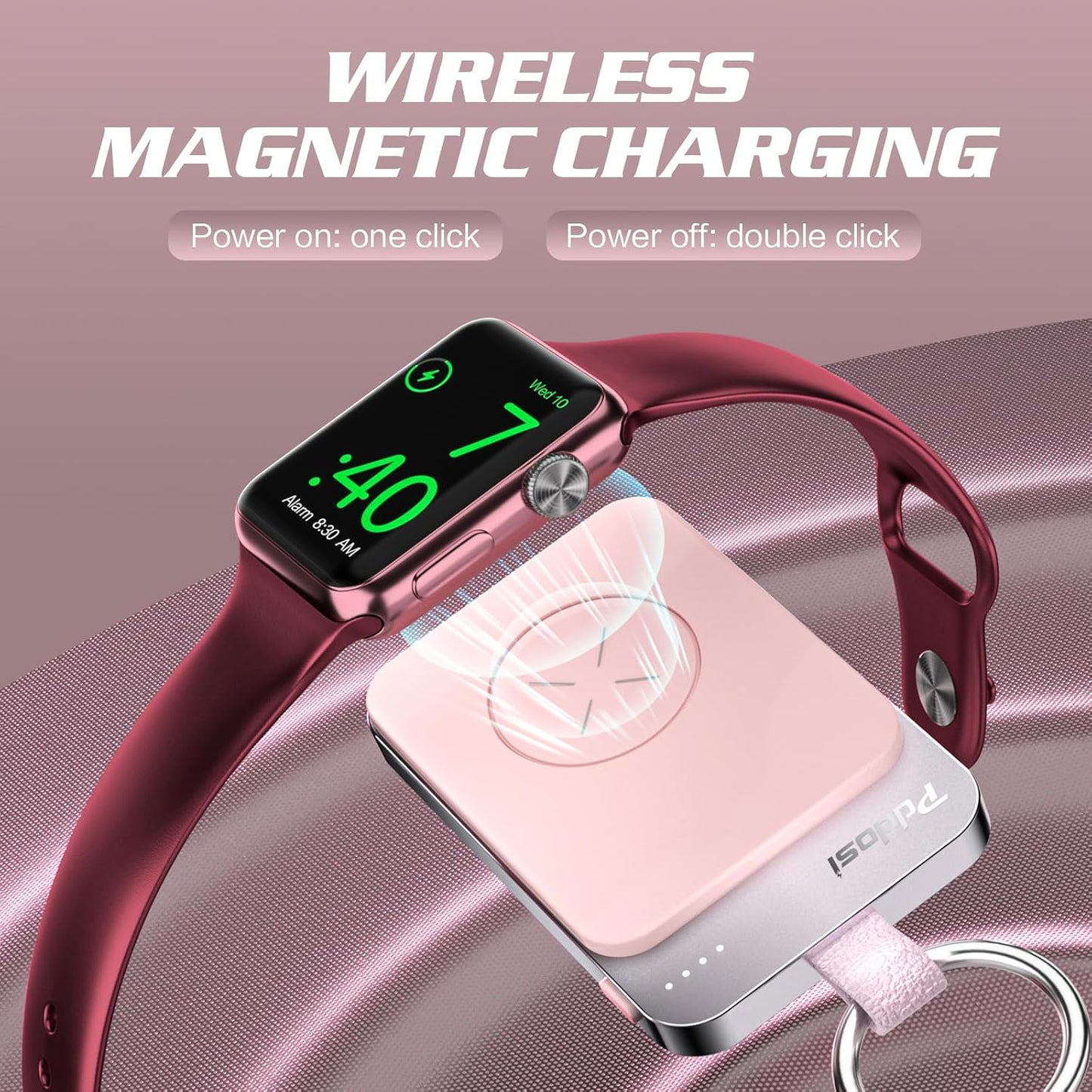 Pddosi Portable Wireless Charger Compatible for Apple Watch Series 10/9/8/UItra/7/6/5/4/3/2/SE, 1500mAh Portable iWatch Charger Travel, Magnetic Portable Watch Charger Keychain with USB C (Pink)