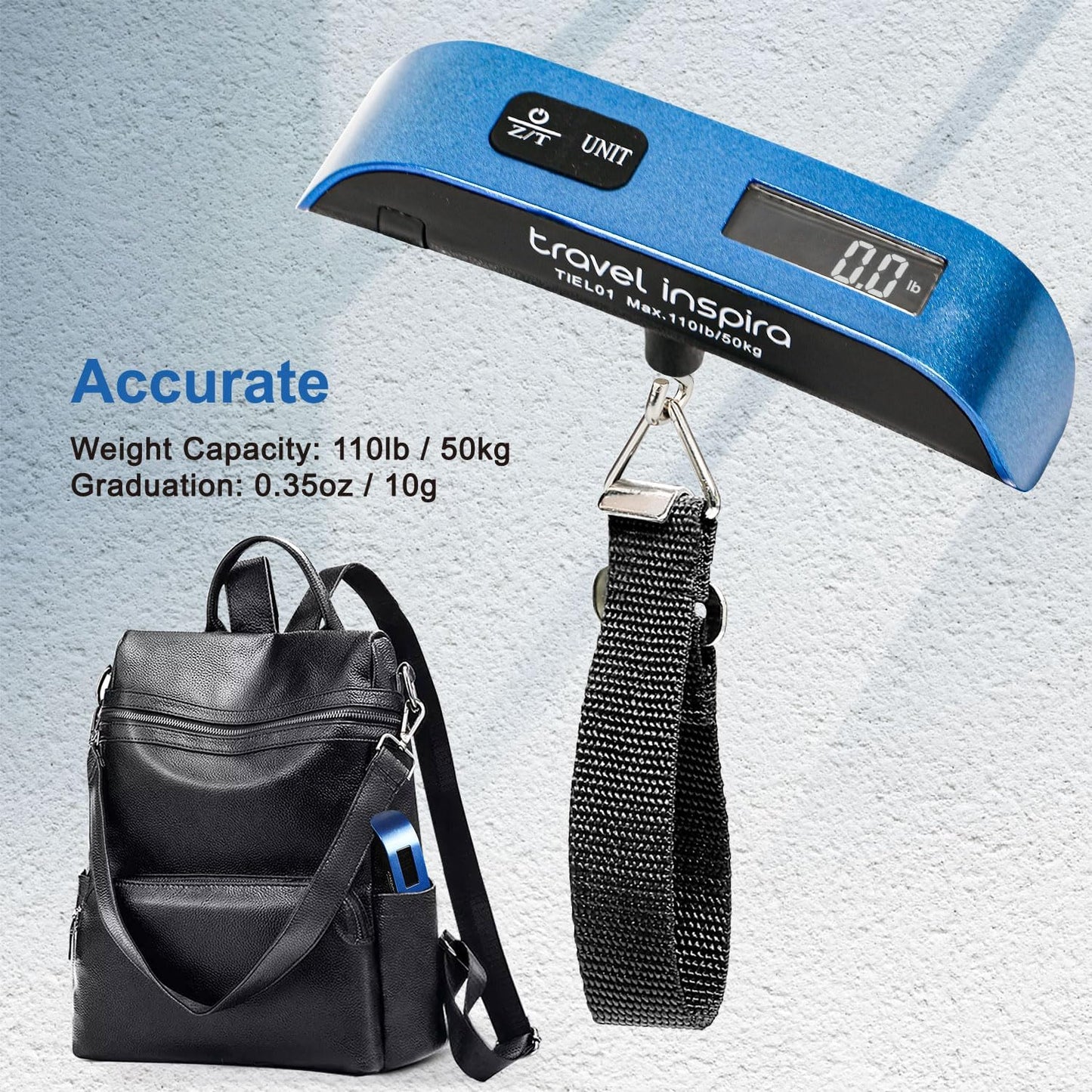 travel inspira Luggage Scale, Portable Digital Hanging Baggage Scale for Travel, Suitcase Weight Scale with Rubber Paint, 110 Pounds, Battery Included