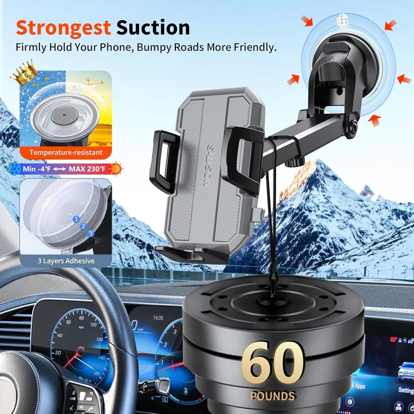 SUUSON Upgraded 3-in-1 Car Phone Holder Mount [Powerful Suction] Phone Mount for Car Dashboard Air Vent Windshield,for All iPhone Android Phone (Black)