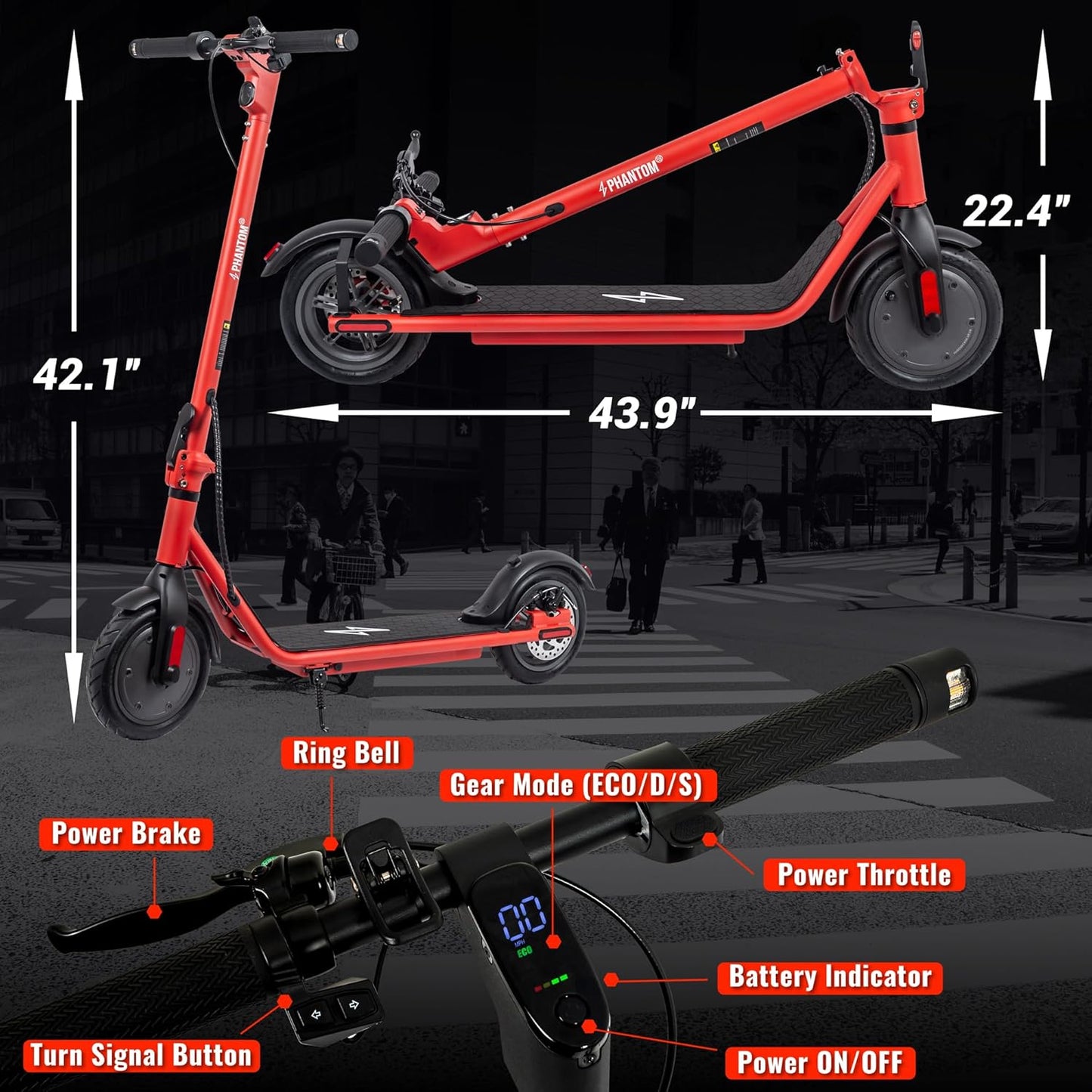 Phantomgogo Electric Scooter for Adults Scooter Foldable E-Scooter with Powerful Motor 15.5 Mph, Intelligent Light, Eco-Friendly, Perfect for Adult Commuters