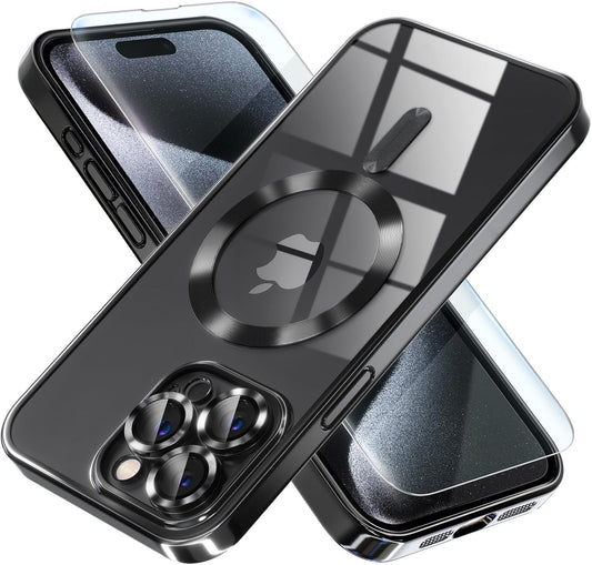 Misea Magnetic for iPhone 15 Pro Max Case with MagSafe [Never Yellowing] [Military Grade Drop Protection] Full Camera Lens Protector Plating Soft Clear Phone Case for Women Girls, Gold