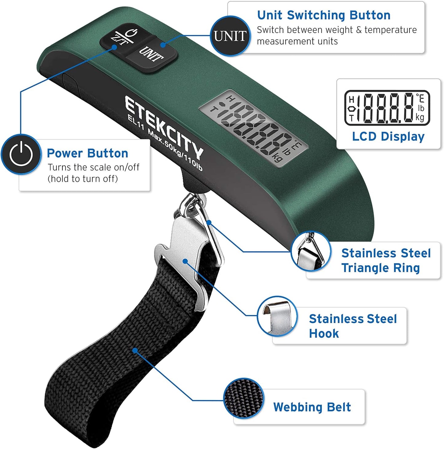 Etekcity Luggage Scale for Travel Essentials, Digital Suitcase Weight Scale with Hook, Portable Hanging Baggage Scale for Travel Accessories, 110 Pounds, Battery Included