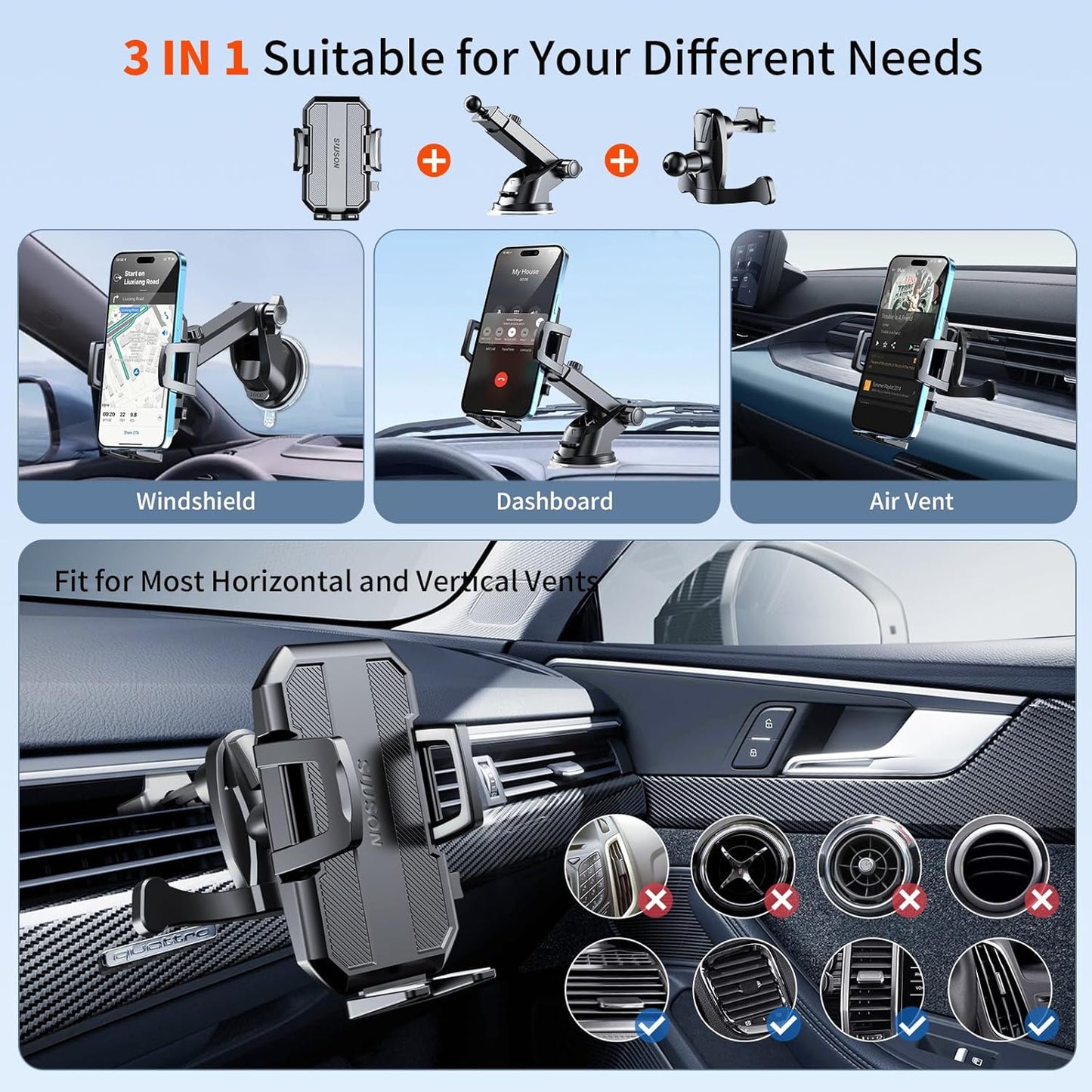 SUUSON Upgraded 3-in-1 Car Phone Holder Mount [Powerful Suction] Phone Mount for Car Dashboard Air Vent Windshield,for All iPhone Android Phone (Black)