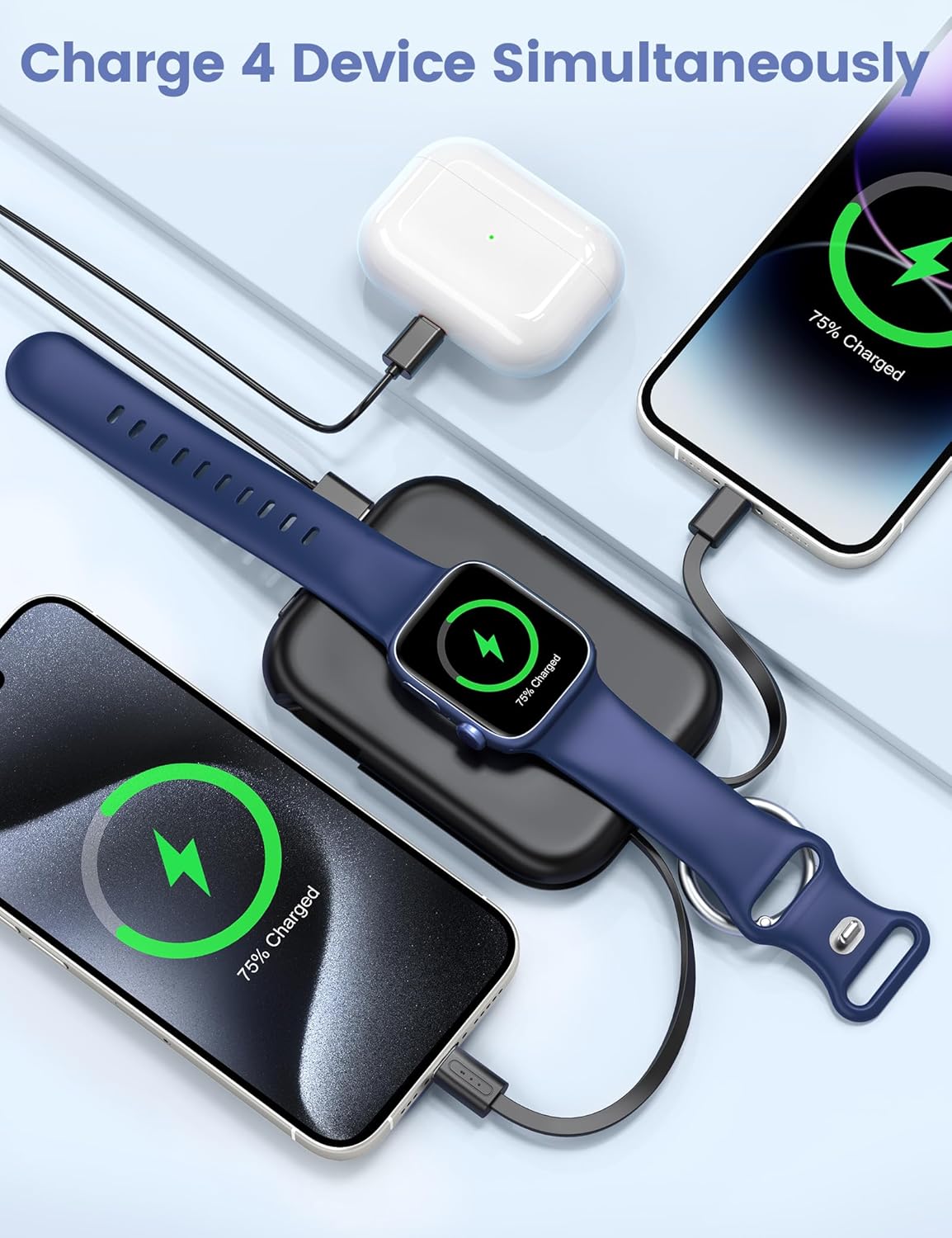 RORRY Portable Charger, 5000mAh Portable Charger Power Bank with Built-in Cables, Travel Keychain Battery Pack for Apple Watch Ultra 2/9/8/Ultra/7/6/SE/5, iPhone 16/15/14/13/12, Purple