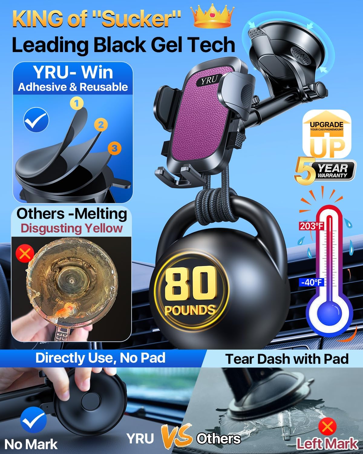 [2024 Upgrade 80LBS Strong Suction]YRU Car Phone Holder Mount,[Bumpy Road Stable]Dashboard Cell Phone Holder for Car Air Vent Windshield Phone Stand for iPhone 15 14 13 12 Pro Max Samsung Truck, Black