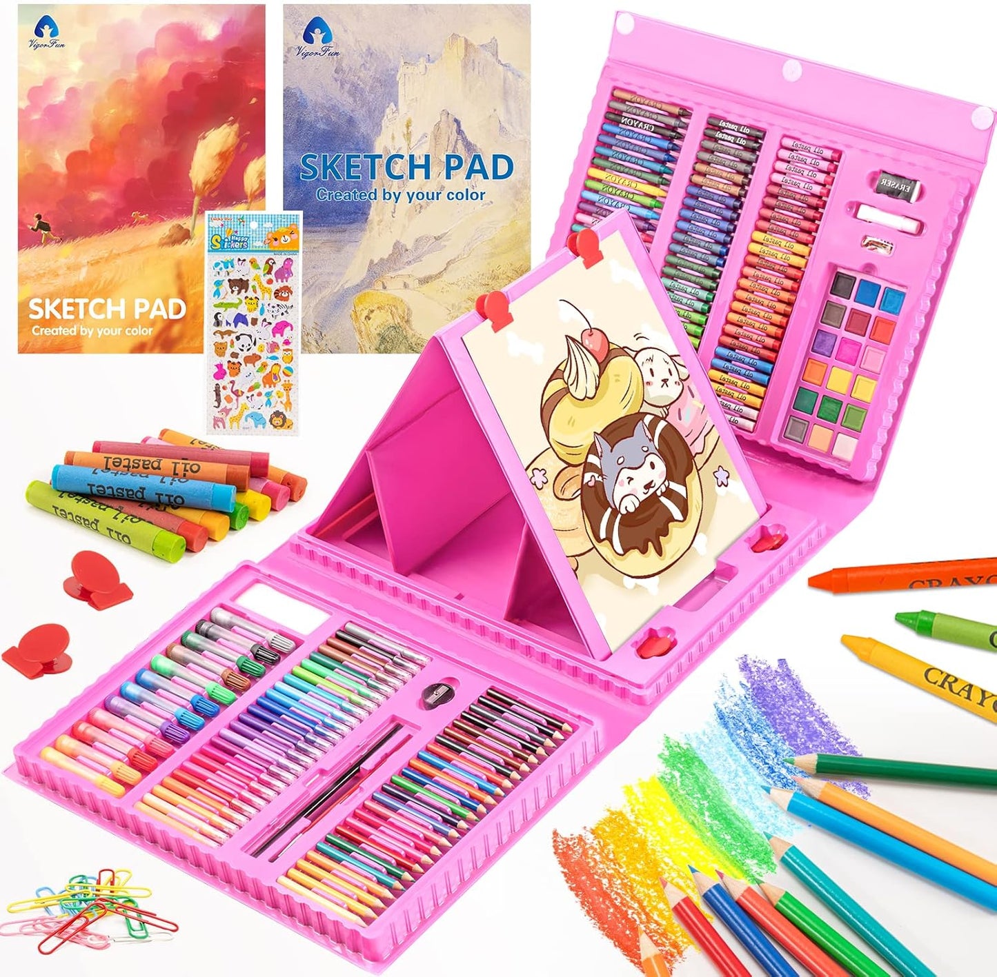 Art Supplies, 240-Piece Art Set Crafts Drawing Kits with Double Sided Trifold Easel, Includes Sketch Pads, Oil Pastels, Crayons, Colored Pencils, Gifts for Girls Boys Teen Ages 4-6-8-9-12 (Black)