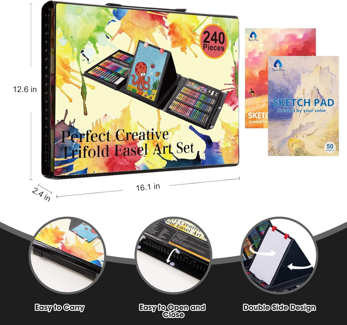 Art Supplies, 240-Piece Art Set Crafts Drawing Kits with Double Sided Trifold Easel, Includes Sketch Pads, Oil Pastels, Crayons, Colored Pencils, Gifts for Girls Boys Teen Ages 4-6-8-9-12 (Black)