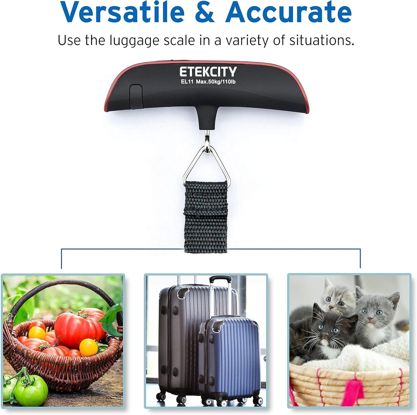 Etekcity Luggage Scale for Travel Essentials, Digital Suitcase Weight Scale with Hook, Portable Hanging Baggage Scale for Travel Accessories, 110 Pounds, Battery Included