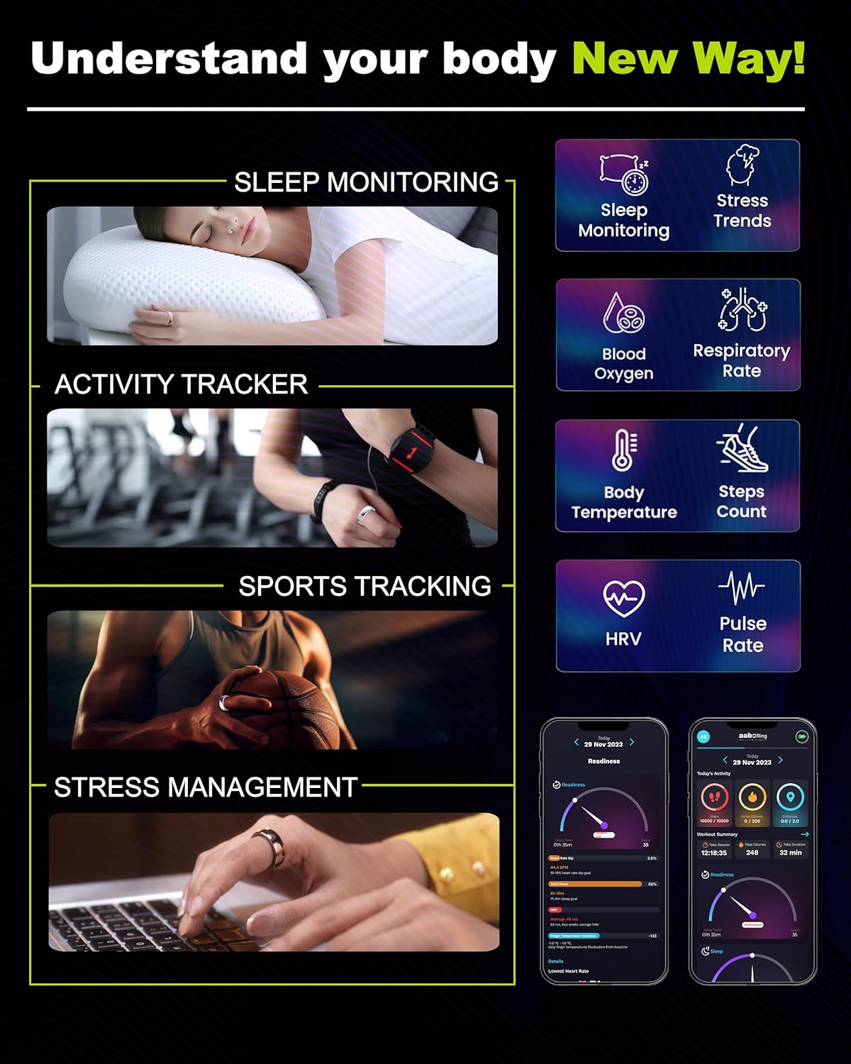 Aabo AI Smart Ring for Men &amp; Women | Fitness Tracking - 32 Modes | Sleep &amp; Stress Monitoring | Titanium Ring | No App Subscription | IP68 Water Resistant | Upto 7-Day Battery Life |Black, Size 11
