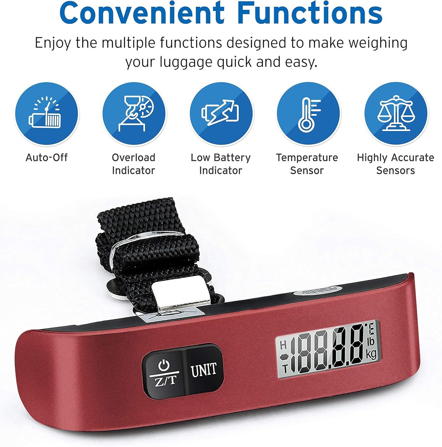 Etekcity Luggage Scale for Travel Essentials, Digital Suitcase Weight Scale with Hook, Portable Hanging Baggage Scale for Travel Accessories, 110 Pounds, Battery Included