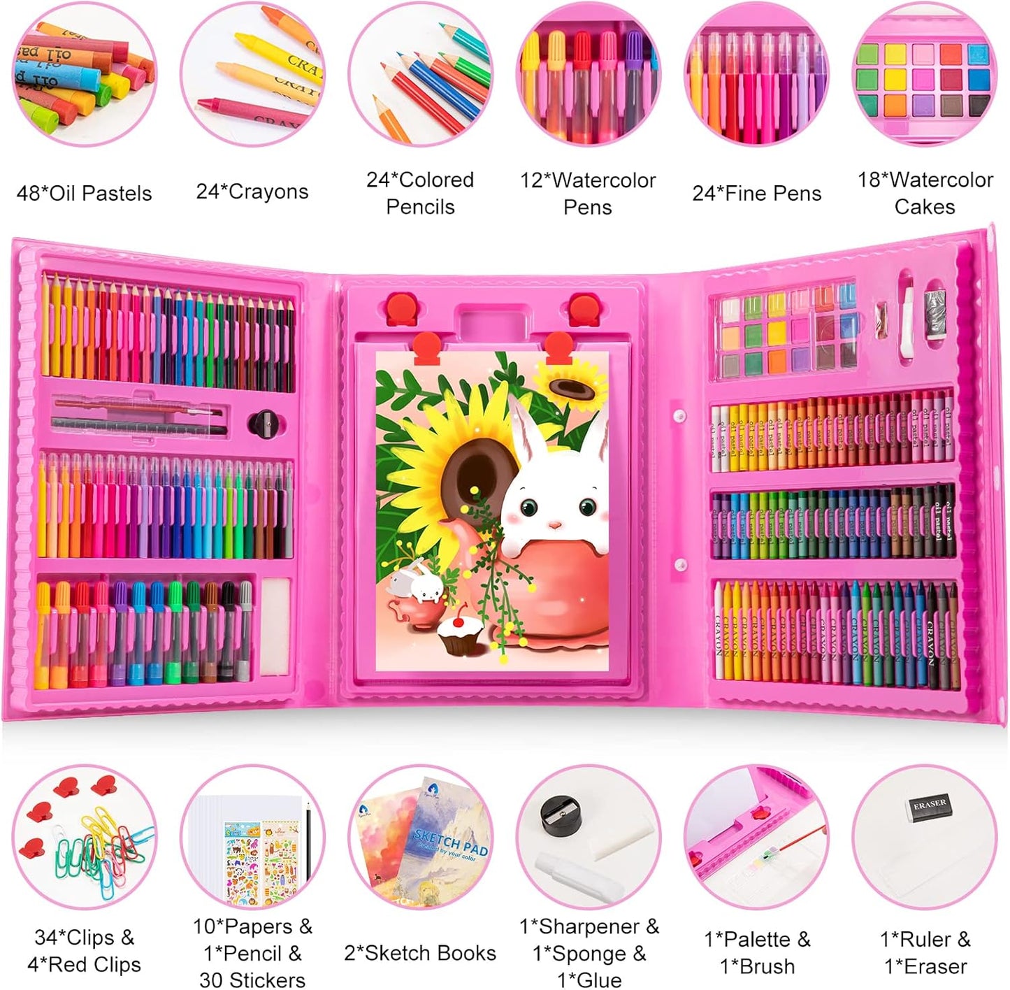 Art Supplies, 240-Piece Art Set Crafts Drawing Kits with Double Sided Trifold Easel, Includes Sketch Pads, Oil Pastels, Crayons, Colored Pencils, Gifts for Girls Boys Teen Ages 4-6-8-9-12 (Black)
