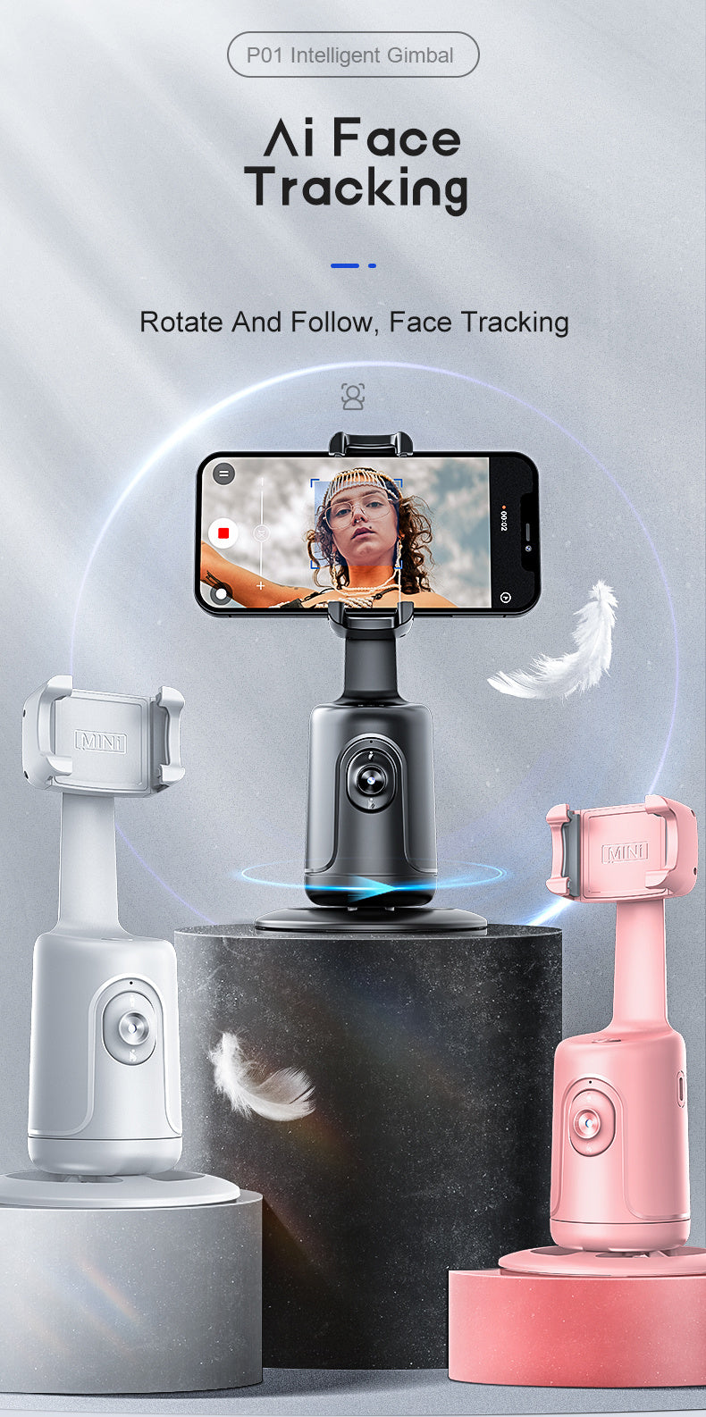 [Popular Choice] 360° Rotating Auto Tracking Phone Holder with Fast Face & Object Tracking - Portable All-in-One Smart Selfie Stick, Tripod for Vlog, Live Streaming - USB Rechargeable, Compatible with Apple, for SamSung & More - Ideal for Photography, Tr