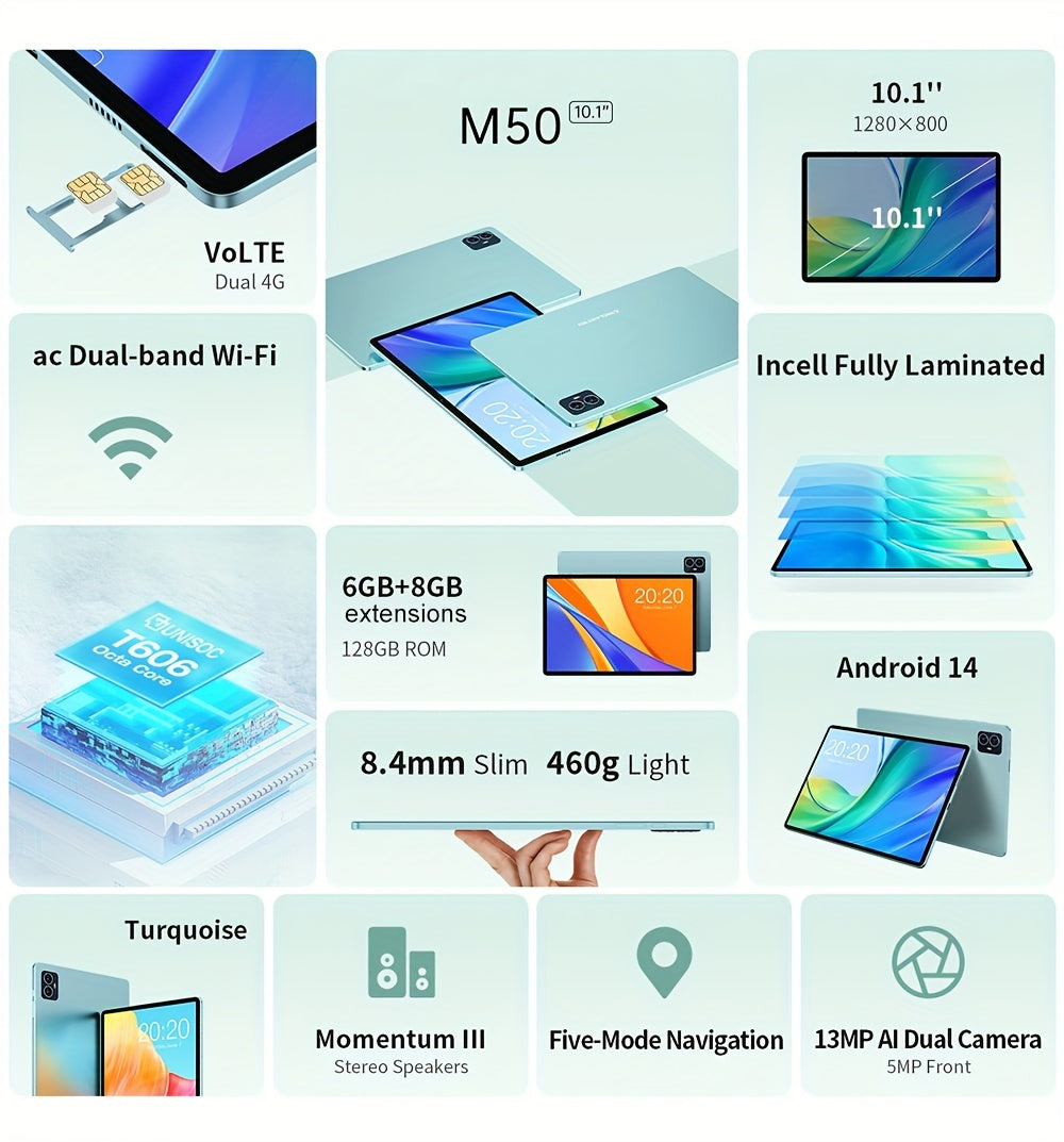 Teclast M50 Tablet with 6GB for RAM, 128GB ROM, and 1TB Expansion - Unisoc T606 8-Core CPU, Mali-G57 GPU, 10.1-inch TDDI Display, LTE Dual SIM Support, for Android 14, 6000mAh Battery, Wi-Fi, 5MP 13MP Cameras, Tablet PC