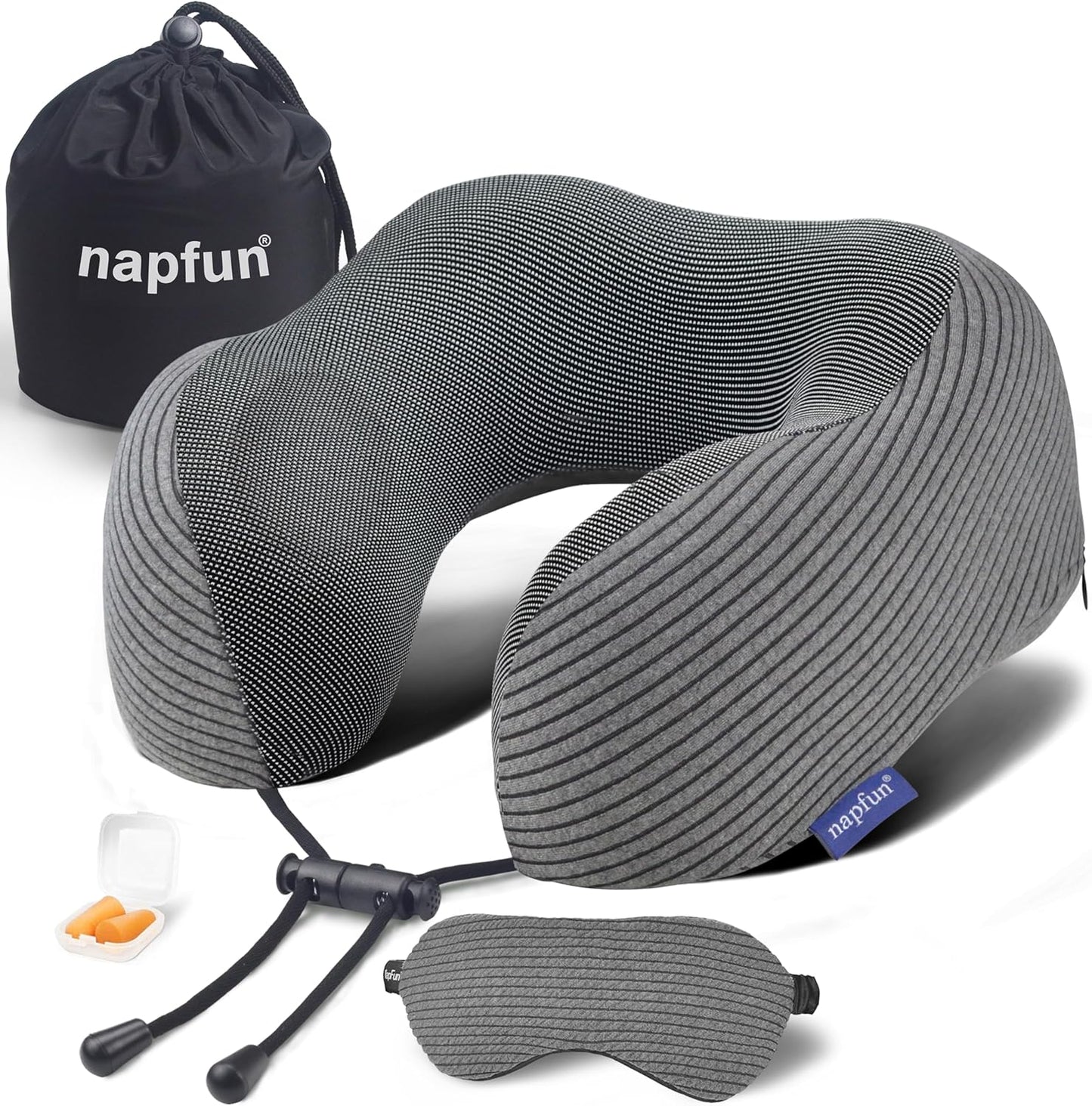 napfun Neck Pillow for Traveling, Upgraded Travel Neck Pillow for Airplane 100% Pure Memory Foam Travel Pillow for Flight Headrest Sleep, Portable Plane Accessories, Striped Black