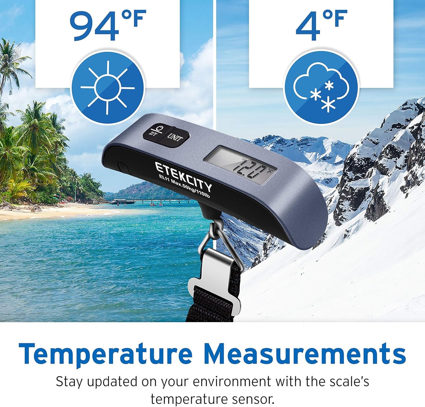 Etekcity Luggage Scale for Travel Essentials, Digital Suitcase Weight Scale with Hook, Portable Hanging Baggage Scale for Travel Accessories, 110 Pounds, Battery Included
