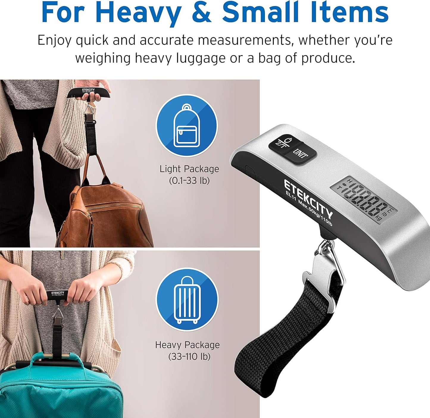 Etekcity Luggage Scale for Travel Essentials, Digital Suitcase Weight Scale with Hook, Portable Hanging Baggage Scale for Travel Accessories, 110 Pounds, Battery Included