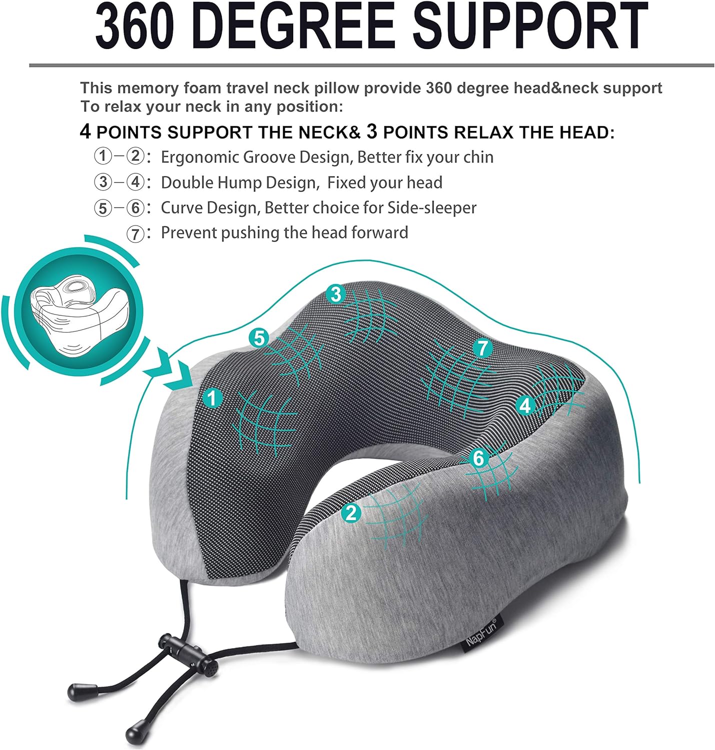 napfun Neck Pillow for Traveling, Upgraded Travel Neck Pillow for Airplane 100% Pure Memory Foam Travel Pillow for Flight Headrest Sleep, Portable Plane Accessories, Striped Black