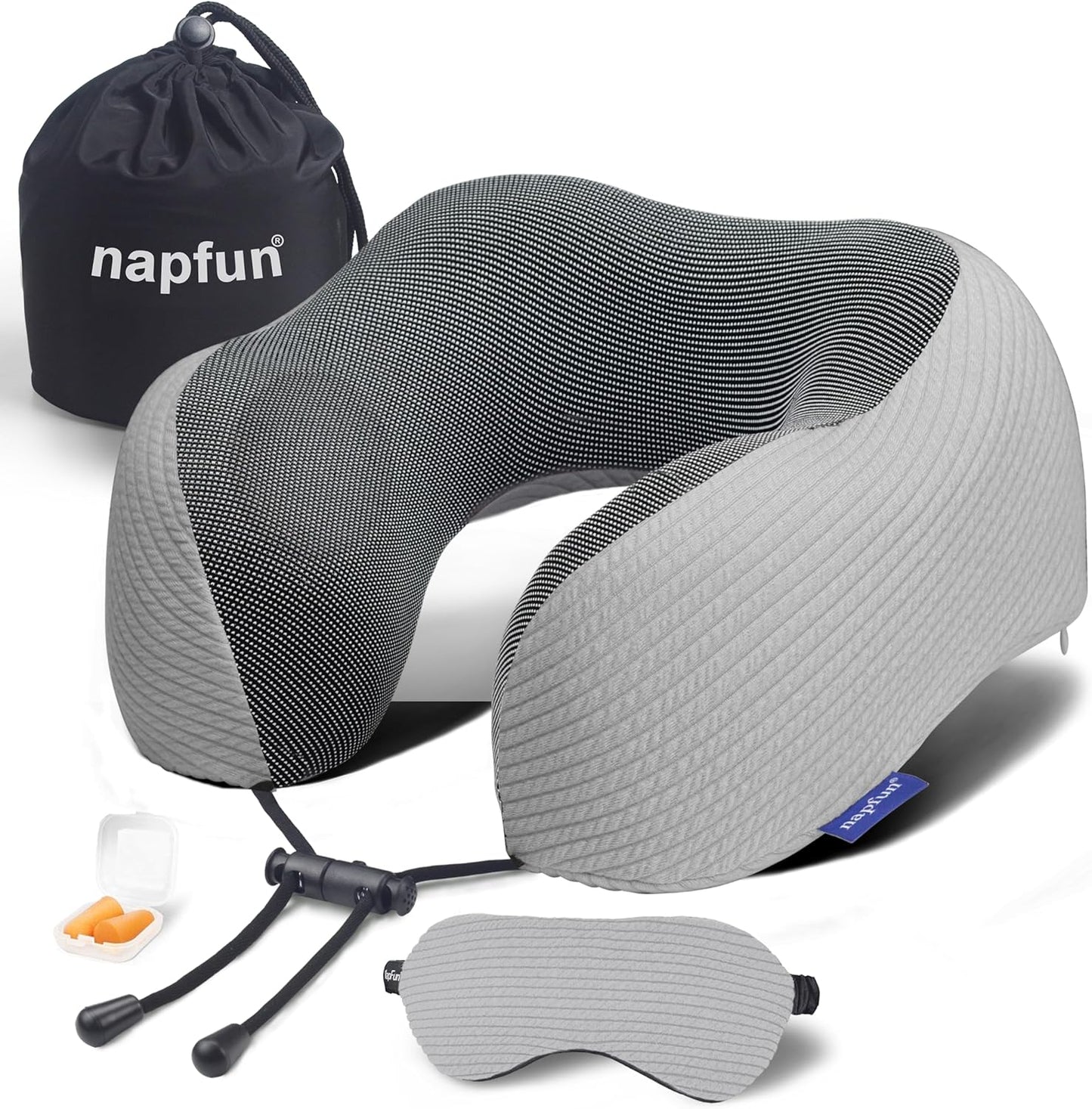 napfun Neck Pillow for Traveling, Upgraded Travel Neck Pillow for Airplane 100% Pure Memory Foam Travel Pillow for Flight Headrest Sleep, Portable Plane Accessories, Striped Black