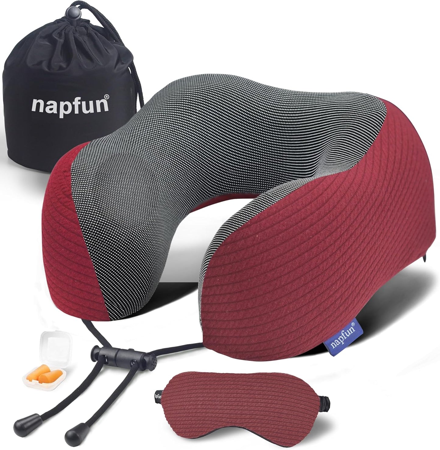 napfun Neck Pillow for Traveling, Upgraded Travel Neck Pillow for Airplane 100% Pure Memory Foam Travel Pillow for Flight Headrest Sleep, Portable Plane Accessories, Striped Black