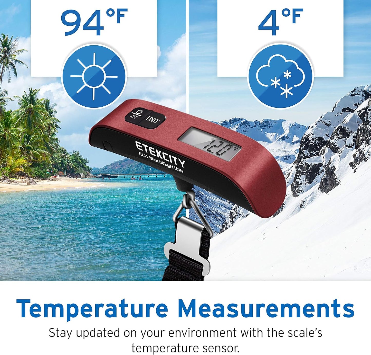 Etekcity Luggage Scale for Travel Essentials, Digital Suitcase Weight Scale with Hook, Portable Hanging Baggage Scale for Travel Accessories, 110 Pounds, Battery Included