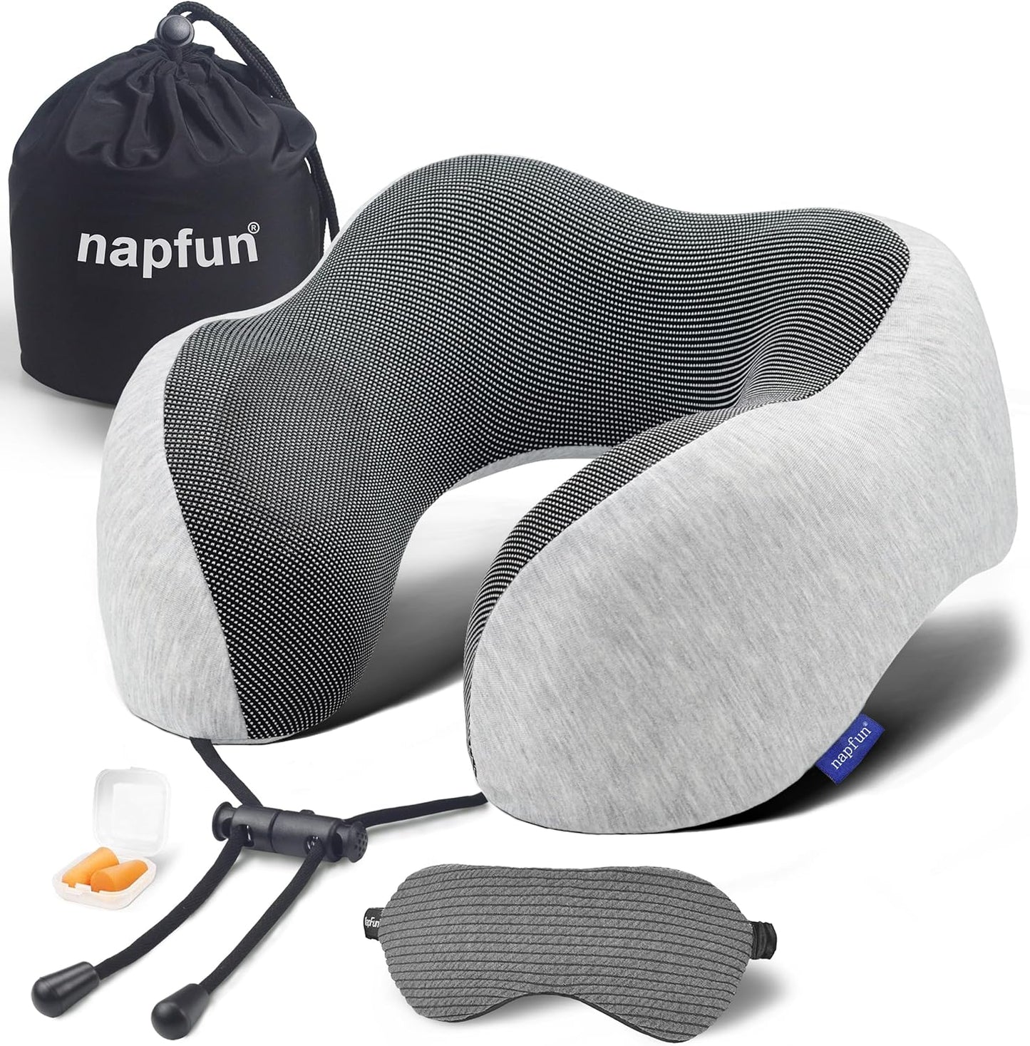 napfun Neck Pillow for Traveling, Upgraded Travel Neck Pillow for Airplane 100% Pure Memory Foam Travel Pillow for Flight Headrest Sleep, Portable Plane Accessories, Striped Black